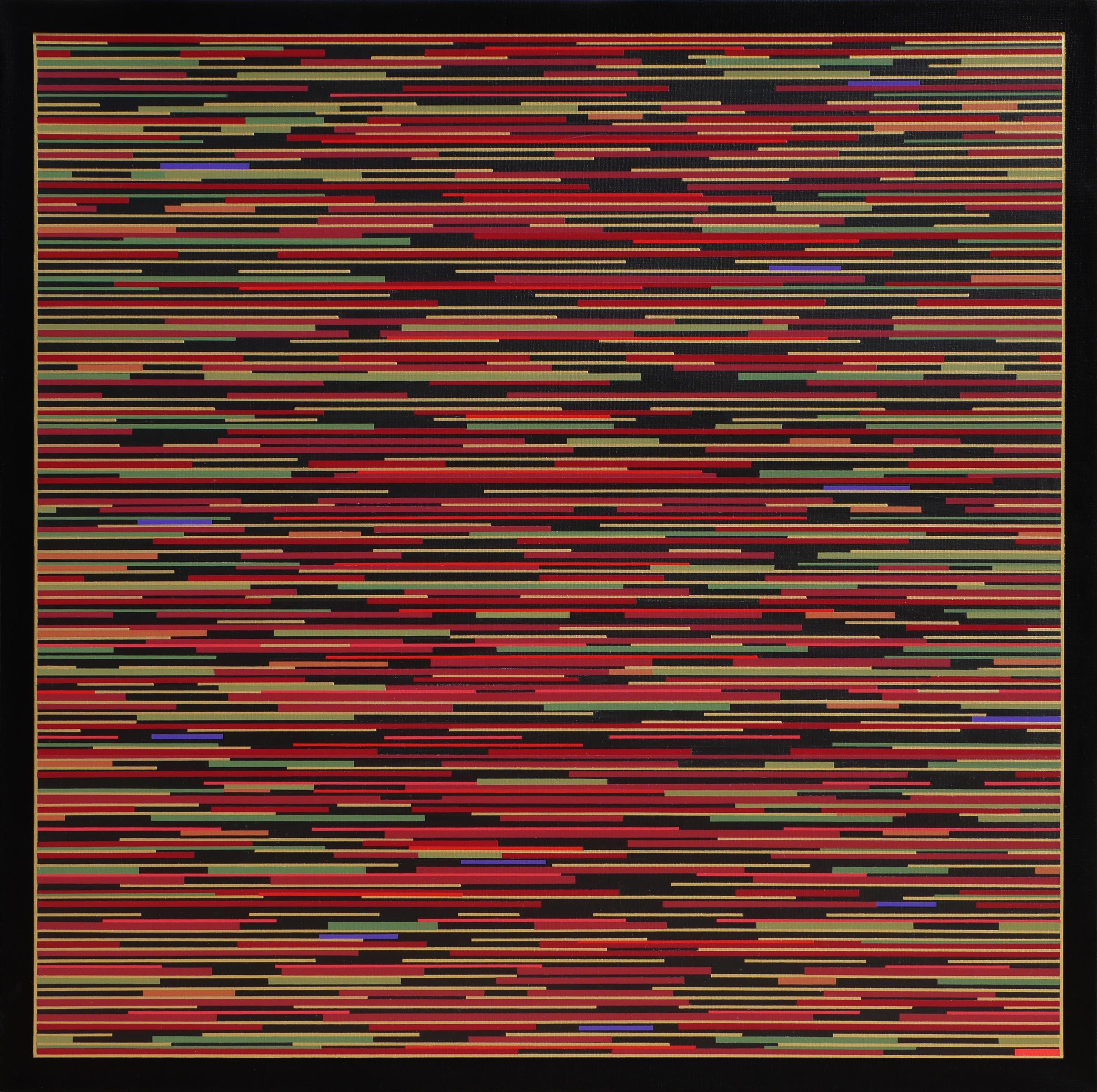 Contemporary abstract geometric painting by artist Mark Byckowski. The work is featured in a series of paintings. The work features horizontal lines with a variety of vivid colors of red, orange, green, and yellow, painted on a black background.
