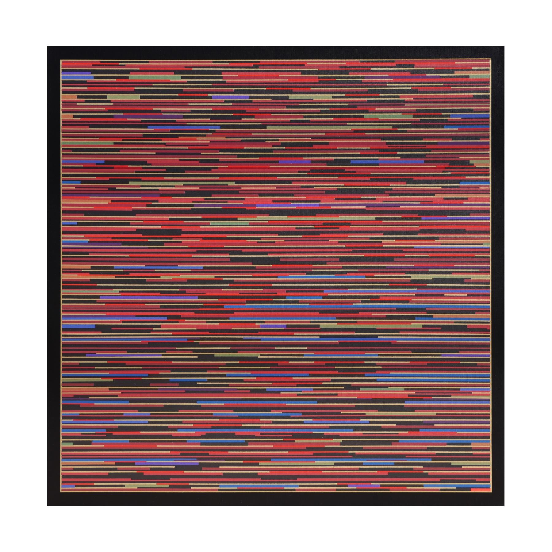 Contemporary abstract geometric painting by artist Mark Byckowski. The work is featured in a series of paintings. The work features horizontal lines with a variety of vivid colors of red, purple, green, and yellow, painted on a black background.