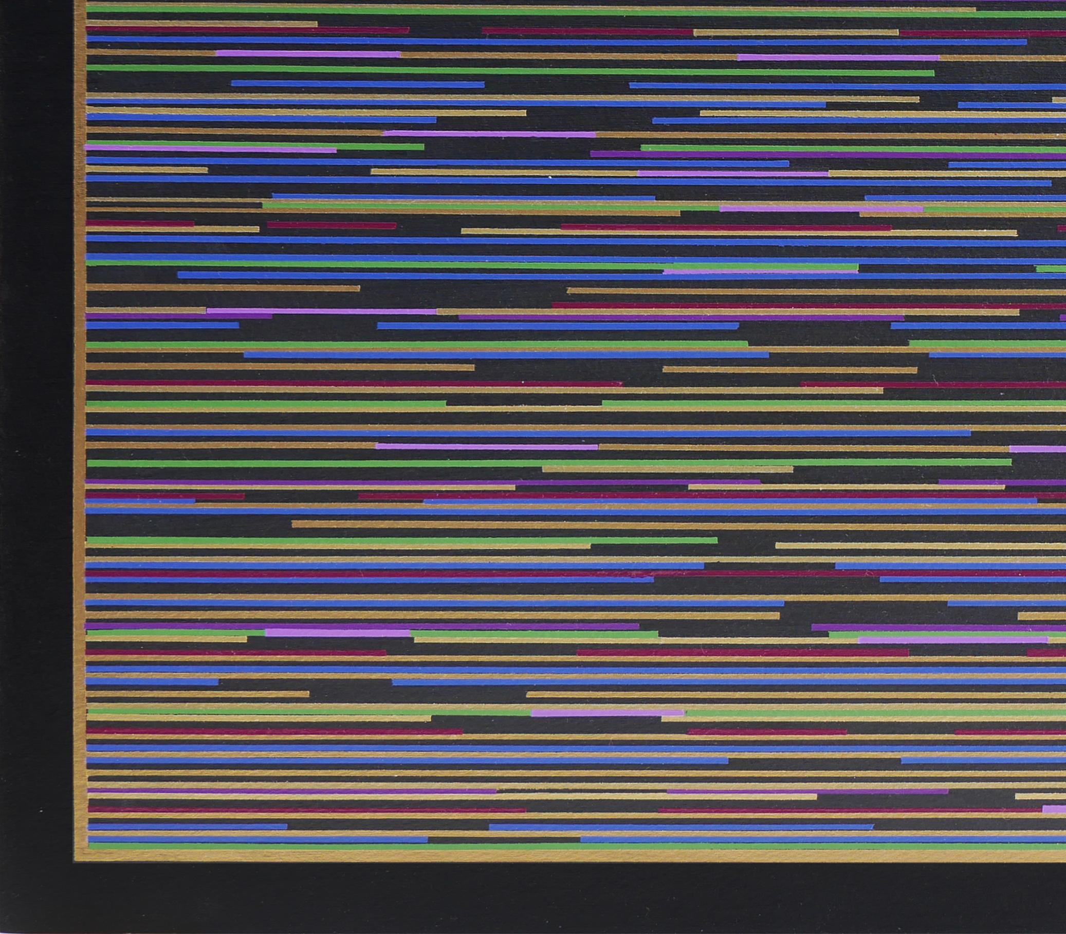 Quadro geometrico astratto contemporaneo dell'artista Mark Byckowski. L'opera è presente in una serie di dipinti su tavola da acquerello con superficie a straccio. L'opera presenta linee orizzontali con una varietà di colori vivaci di rosso, verde,