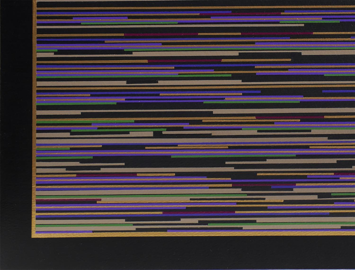 Quadro geometrico astratto contemporaneo dell'artista Mark Byckowski. L'opera è presente in una serie di dipinti su tavola da acquerello con superficie a straccio. L'opera presenta linee orizzontali con una varietà di colori vivaci di rosso, verde,