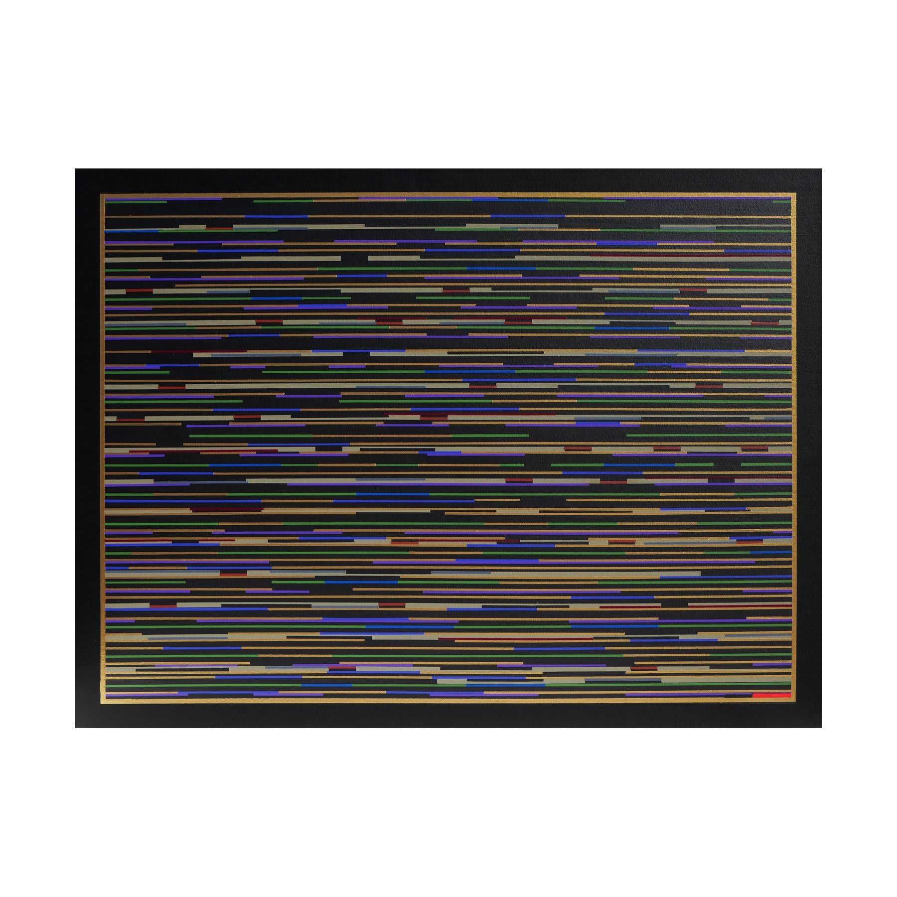 Contemporary abstract geometric painting by artist Mark Byckowski. The work is featured in a series of paintings on a rag surface watercolor board. The work features horizontal lines with a variety of vivid colors of blue, and yellow painted on a
