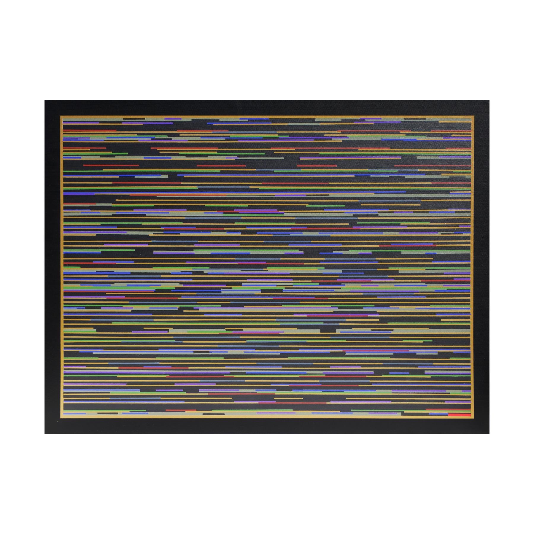 Contemporary abstract geometric painting by artist Mark Byckowski. The work is featured in a series of paintings on a rag surface watercolor board. The work features horizontal lines with a variety of vivid colors of red, green, blue, and yellow