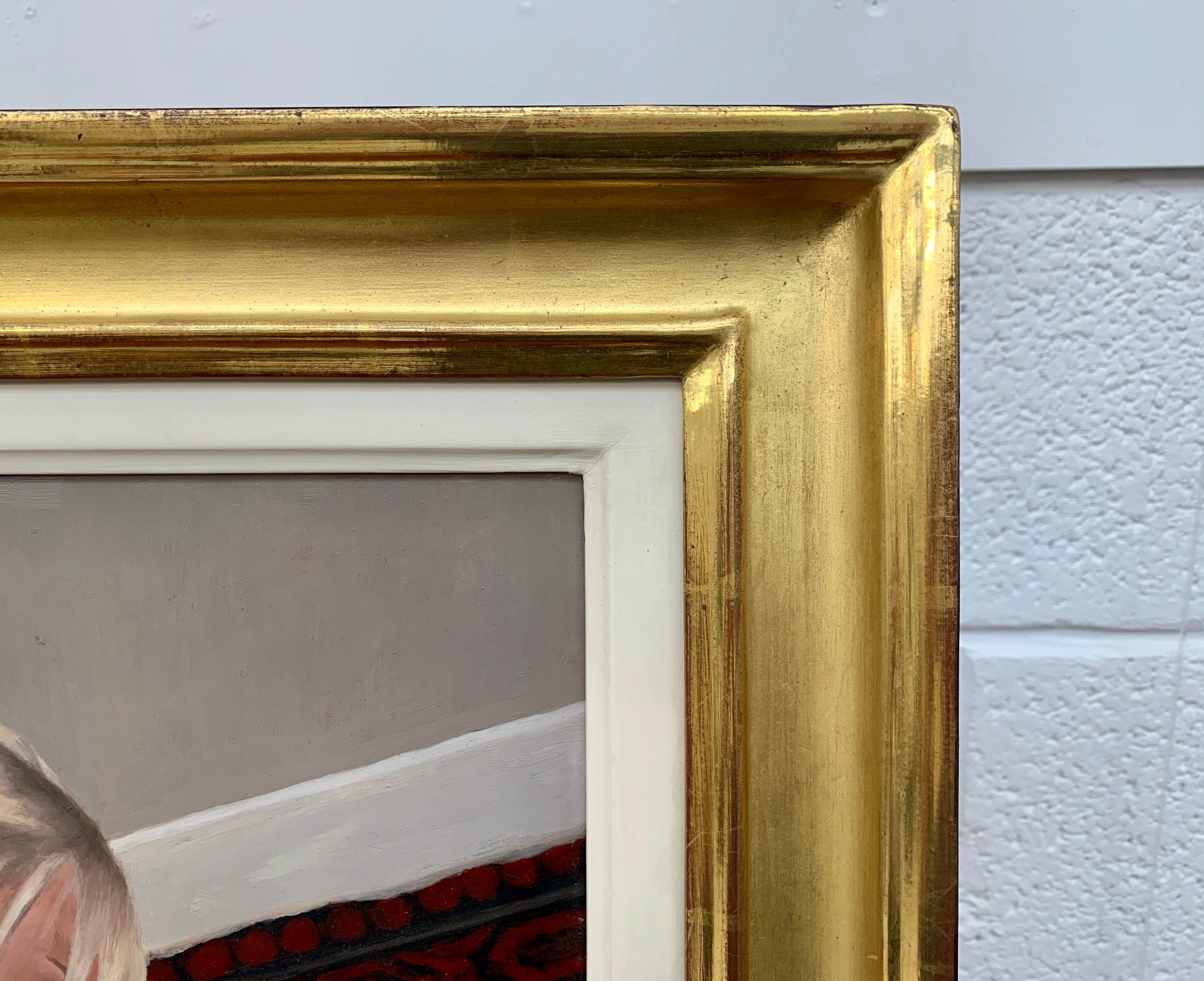 Peinture à l'huile d'un nu féminin blond sur un lit par l'artiste britannique contemporain Mark Clark (né en 1959). Réputé pour sa superbe technique et son talent de dessinateur, son travail se concentre sur deux thèmes principaux : la figure