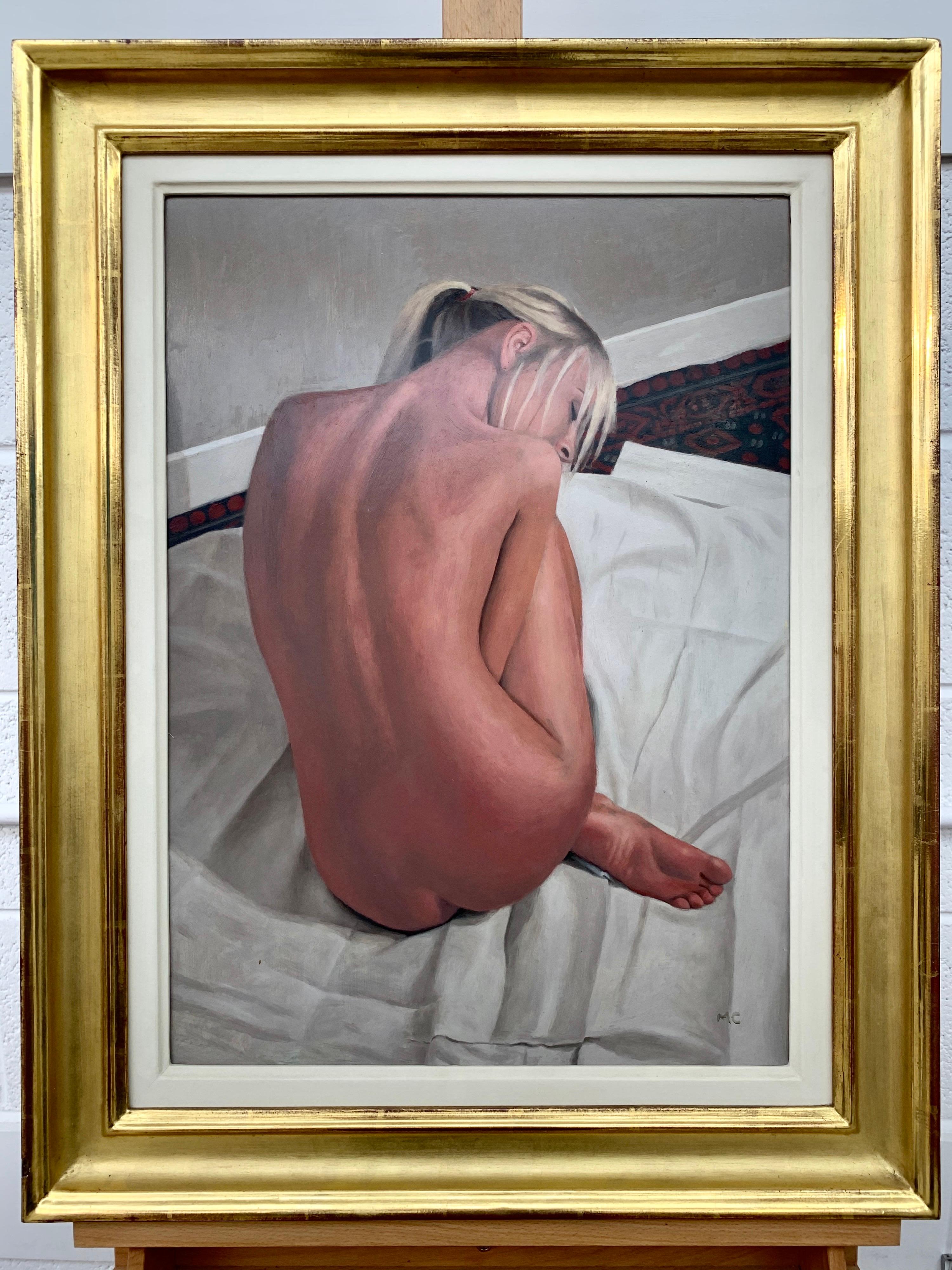 Oil Painting of Female Blonde Nude Figure on Bed by Contemporary British Artist For Sale 2