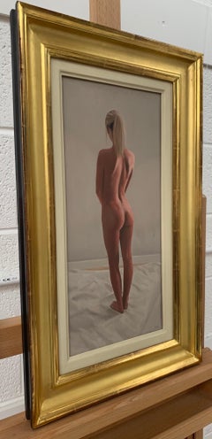 Pittura a olio di figura femminile nuda in piedi dell'artista contemporaneo britannico