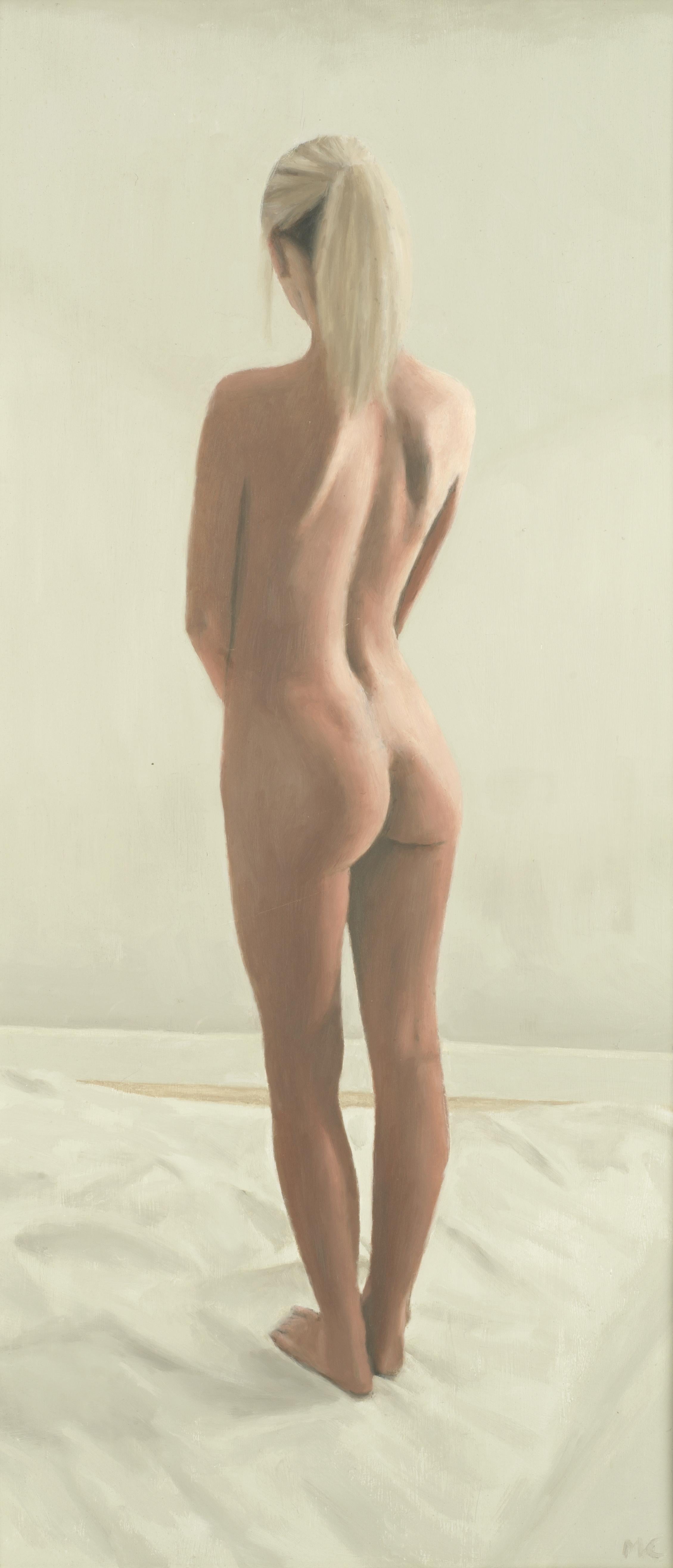 Oil Painting of Standing Female Nude Figure by British Contemporary Artist - Brown Figurative Painting by Mark Clark
