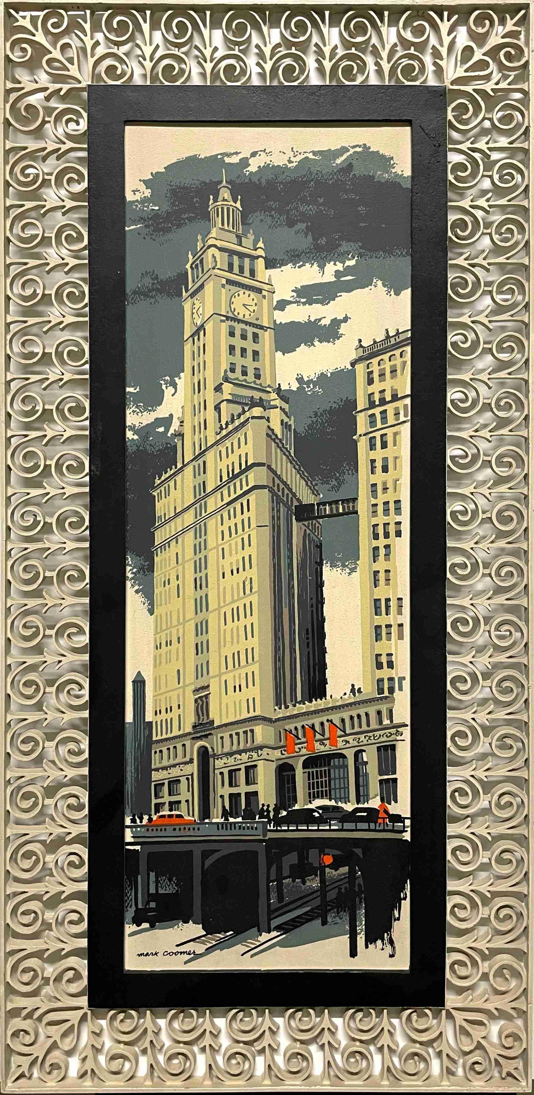 Una favolosa serigrafia degli anni '50 del Wrigley Building di Chicago di Mark Coomer in vendita 1