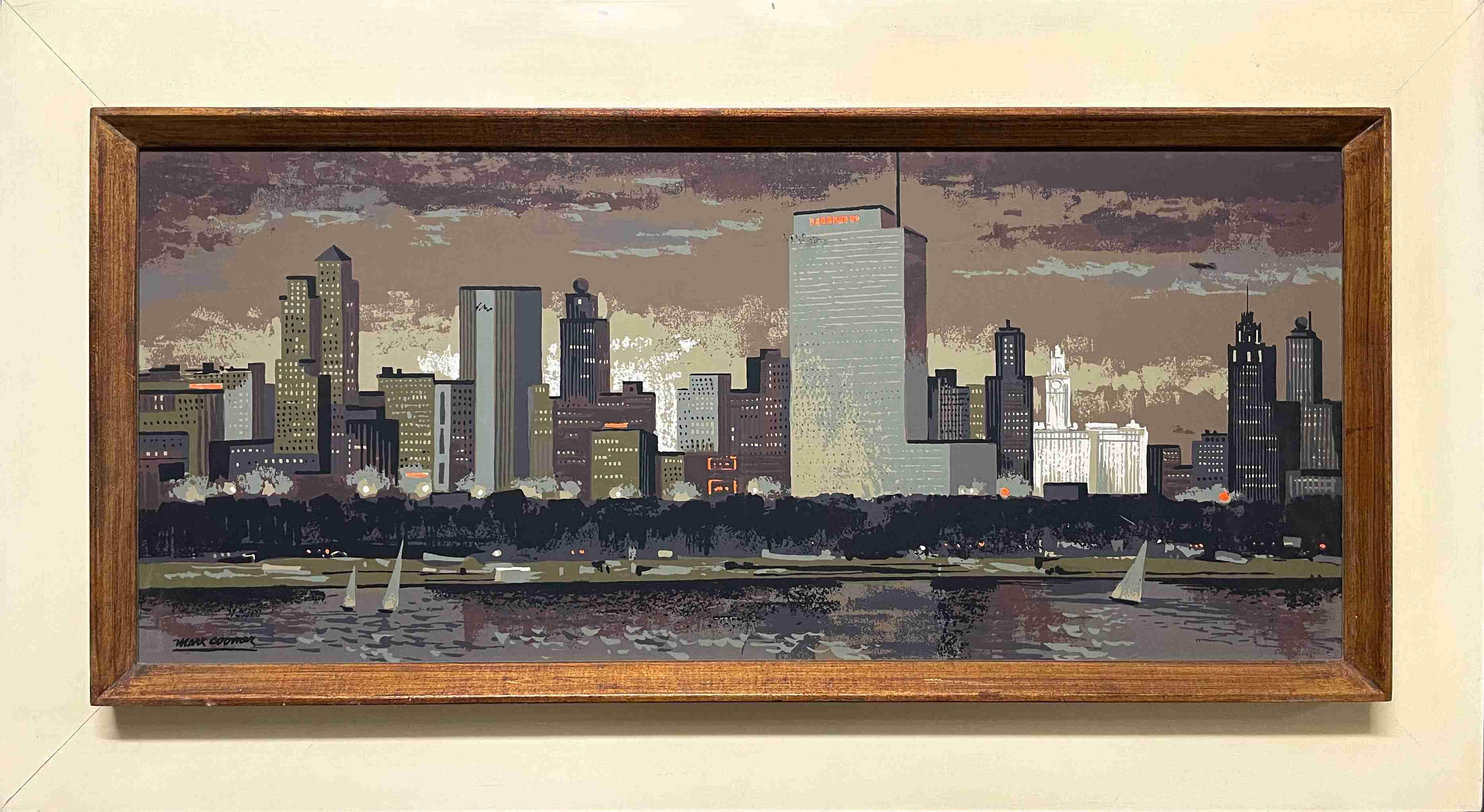 Una fabulosa serigrafía de mediados de siglo de la línea del horizonte de Chicago, de Mark Coomer, de hacia 1950 en venta 1