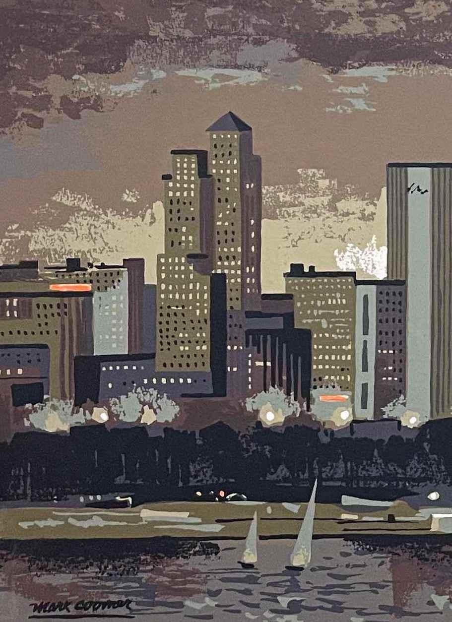 Una fabulosa serigrafía de mediados de siglo de la línea del horizonte de Chicago, de Mark Coomer, de hacia 1950 en venta 2