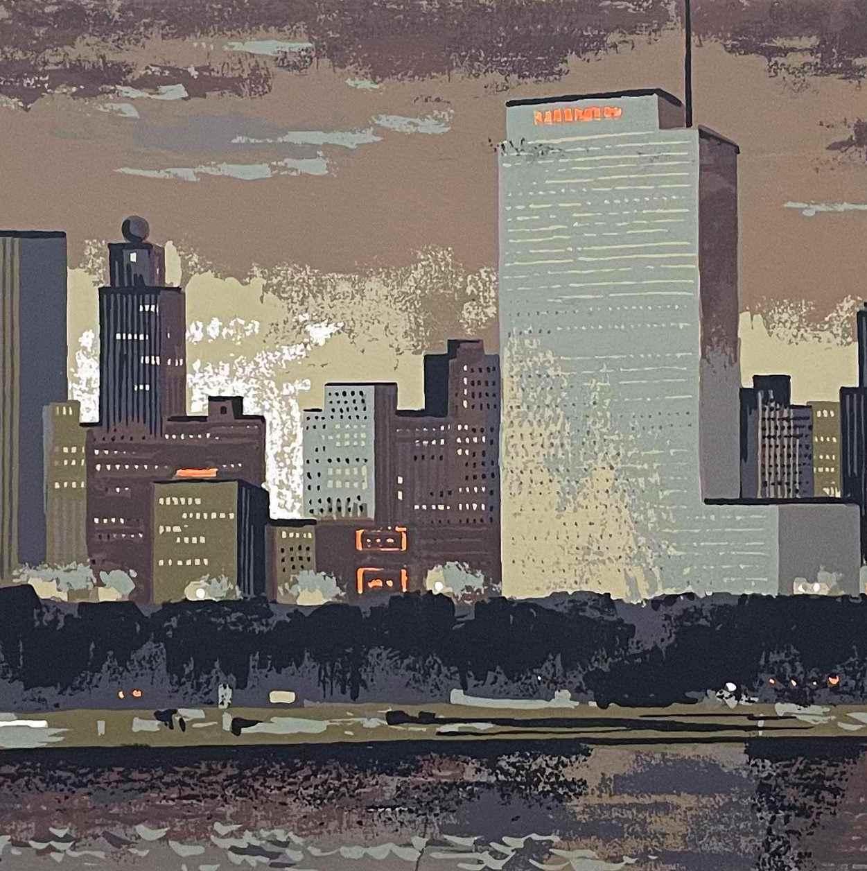 Una fabulosa serigrafía de mediados de siglo de la línea del horizonte de Chicago, de Mark Coomer, de hacia 1950 en venta 3