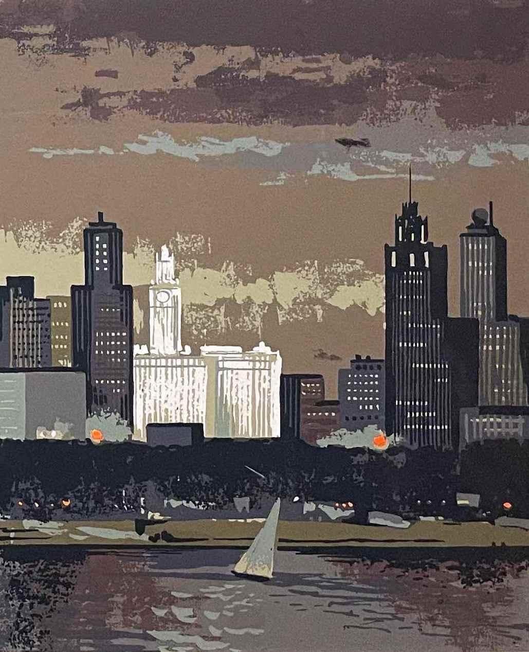 Una fabulosa serigrafía de mediados de siglo de la línea del horizonte de Chicago, de Mark Coomer, de hacia 1950 en venta 4