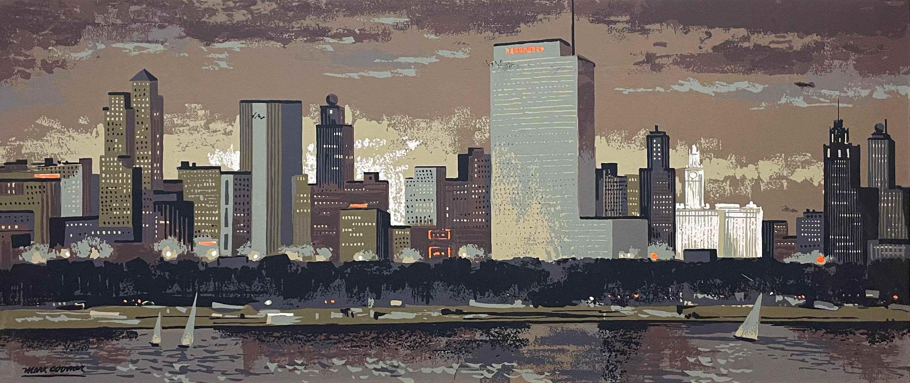 Una favolosa serigrafia di metà secolo degli anni '50 circa con il profilo di Chicago di Mark Coomer