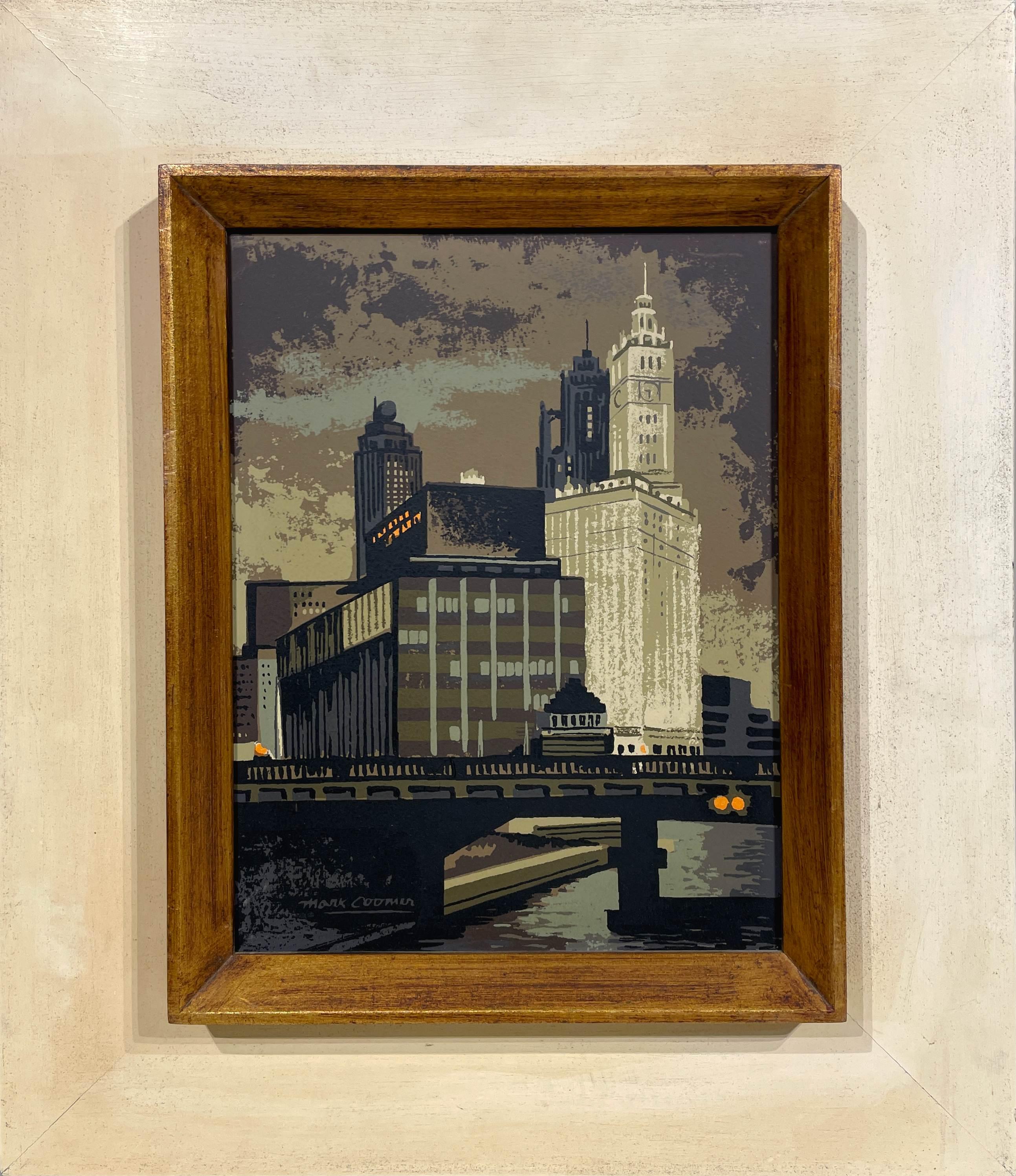 Fantastique série de Mark Coomer du milieu du siècle dernier représentant le Chicago River & Wrigley Building en vente 1