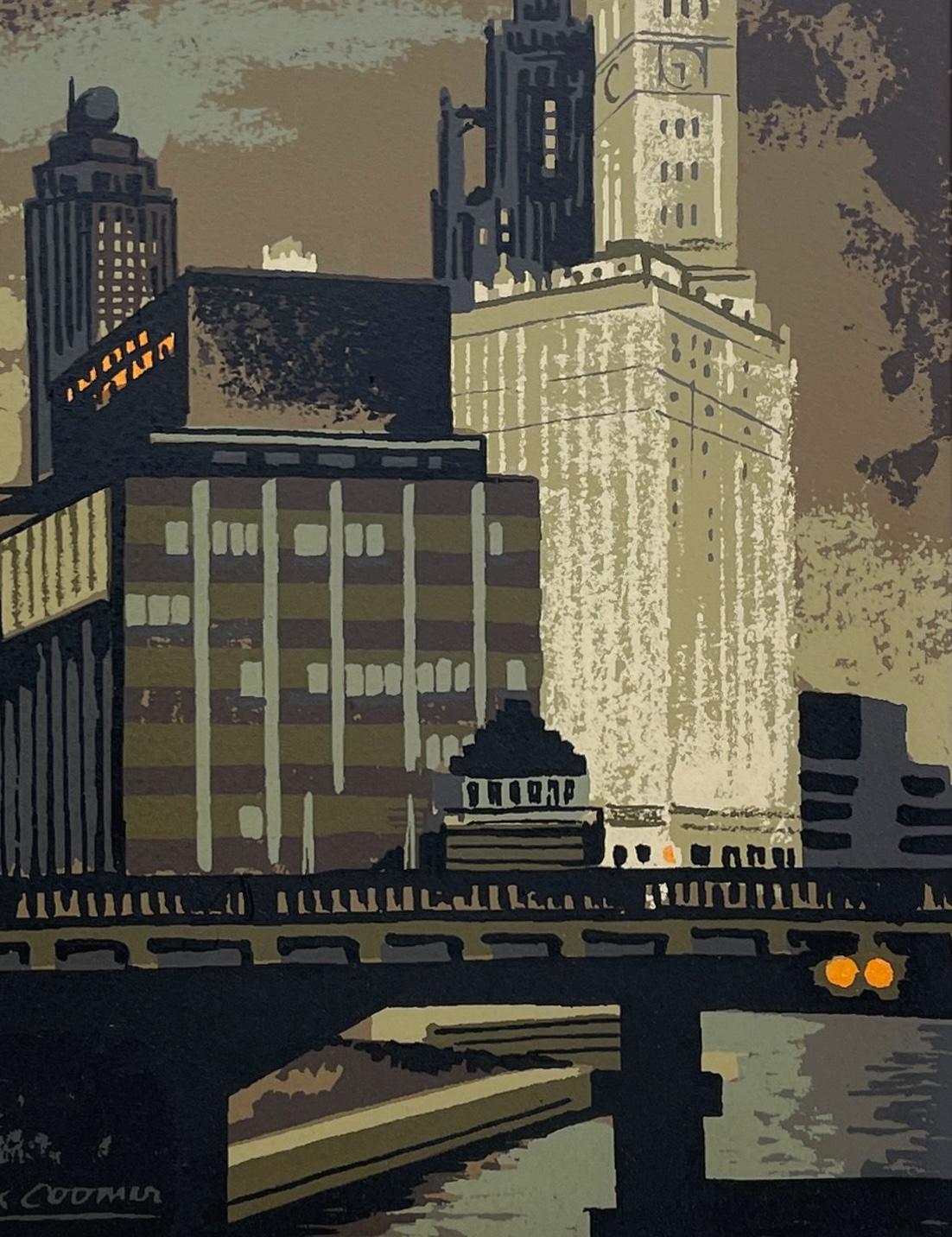 Fantastique série de Mark Coomer du milieu du siècle dernier représentant le Chicago River & Wrigley Building en vente 4