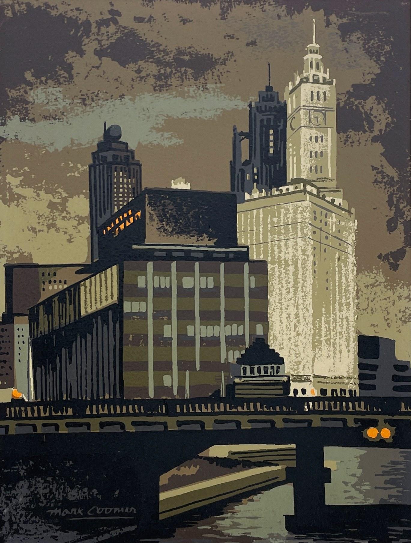 Fantastica serigrafia di metà secolo di Mark Coomer raffigurante il fiume di Chicago e il Wrigley Building