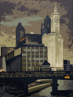 Fantastica serigrafia di metà secolo di Mark Coomer raffigurante il fiume di Chicago e il Wrigley Building
