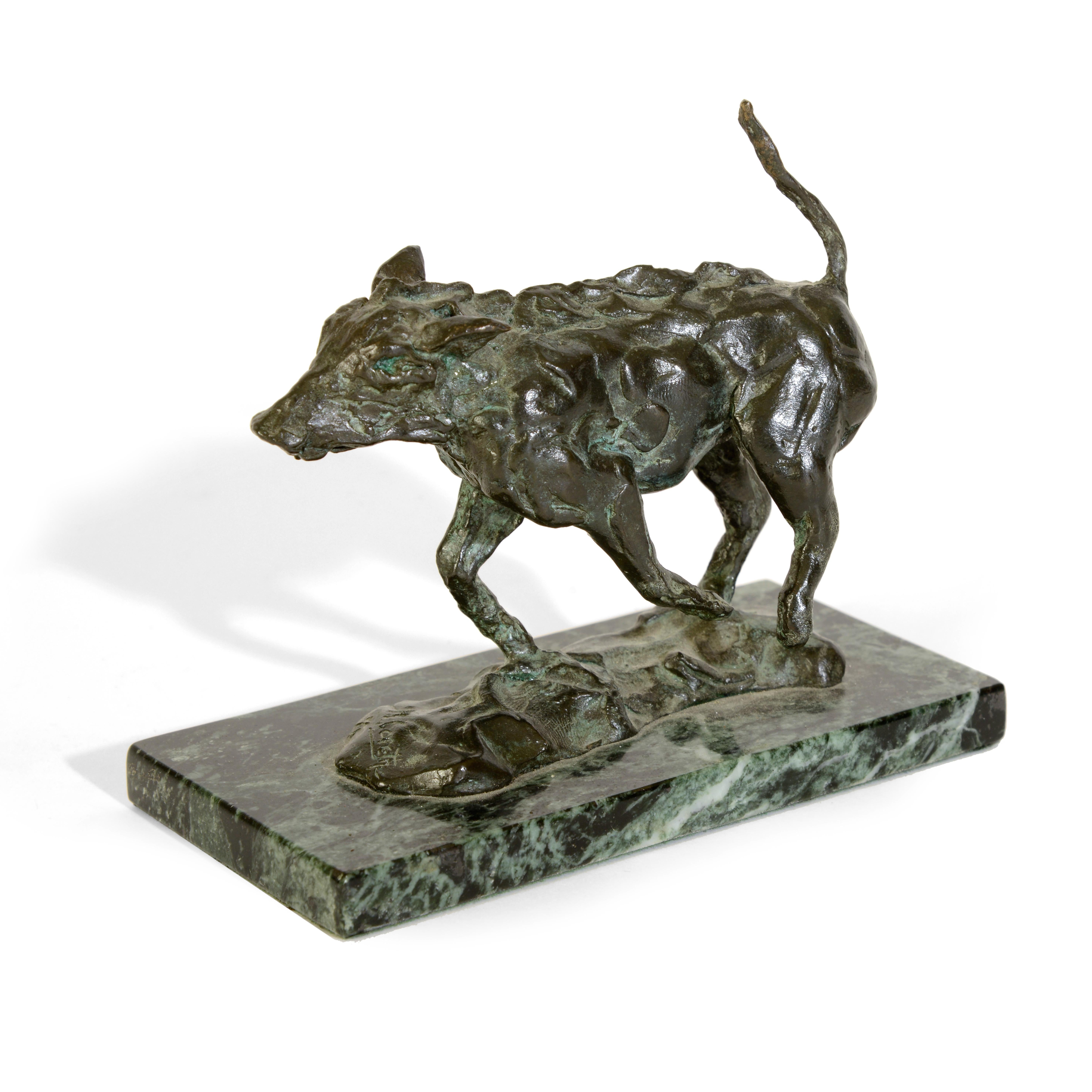 Mark Coreth (born 1958)
Warthog piglet
bronze on a green marble base
Signed limited edition, numbered 1/6

Mark Coreth is an international master sculptor of wildlife subjects.  His work reflects his instinctive understanding of the movement of the