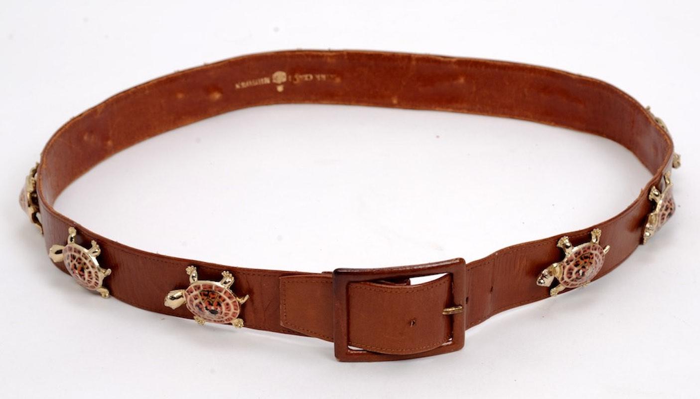 Ladies Leather Belt with Enameled Turtles Made by Mark Cross Midtown. Marked 