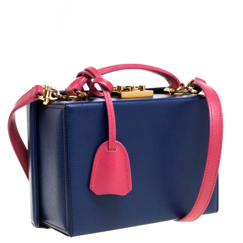 Mark Cross Blue/Pink Leather Grace Box Bag In Good Condition In Dubai, Al Qouz 2