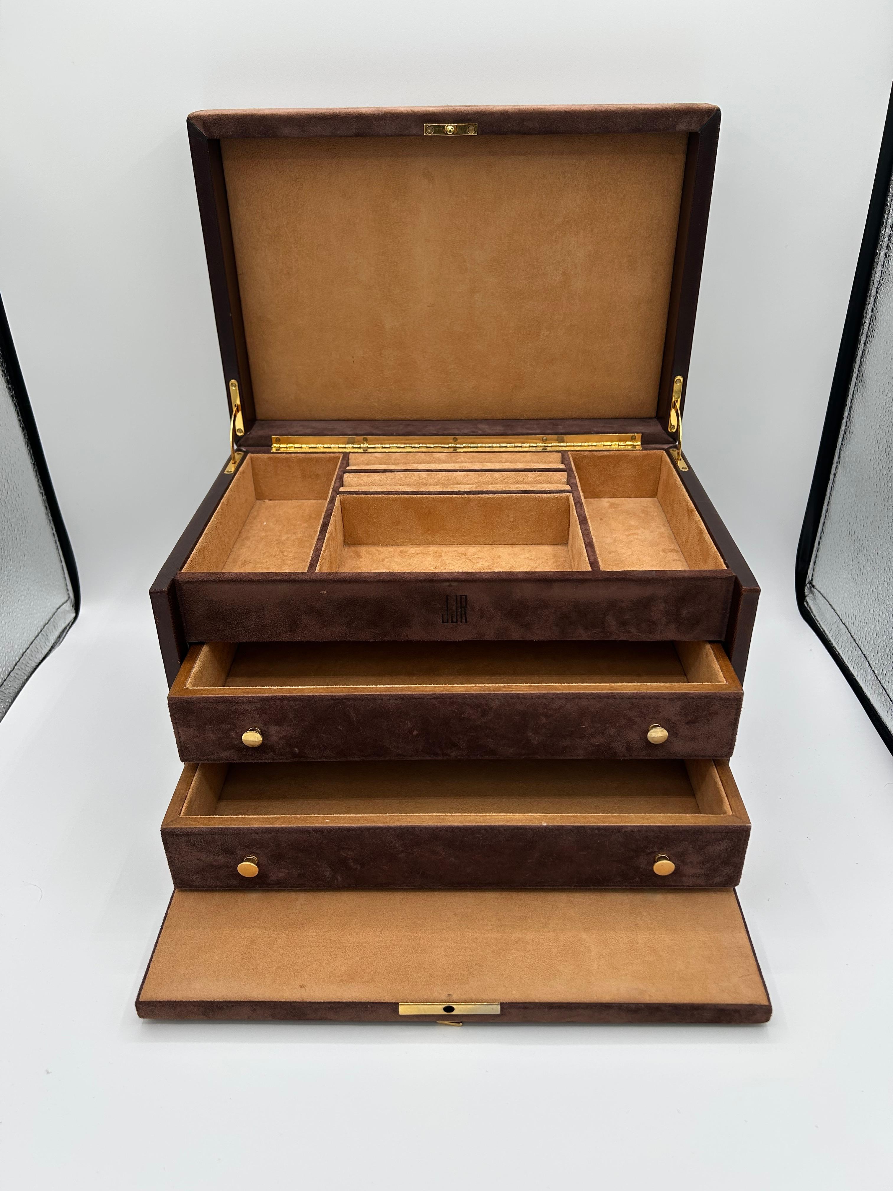 Brass Mark Cross Brown Suede and Leather Jewelry Box, Italy For Sale