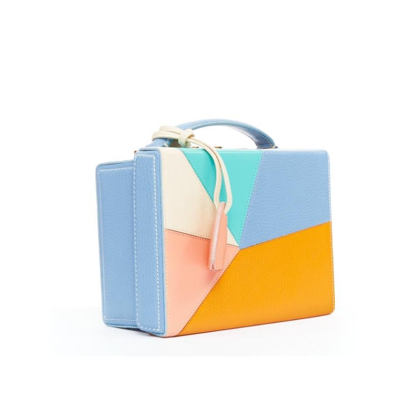 Gris MARK CROSS Grace 18 blue multicolor calfskin patchwork crossbody vanity box bag en vente