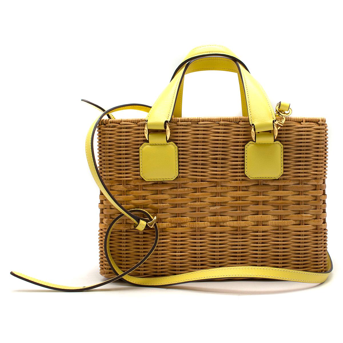 Mark Cross Manray Yellow Tote Bag

- Brown & Yellow Woven Raffia and Leather Contrast Details Tote Bag
- Double yellow leather top handle
- Adjustable and detachable yellow leather shoulder strap
- Gold-plated hardware
- Gold foil stamp logo
- Top