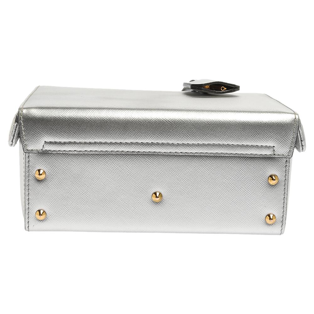 Mark Cross Silver Leather Small Grace Box Bag In Good Condition In Dubai, Al Qouz 2