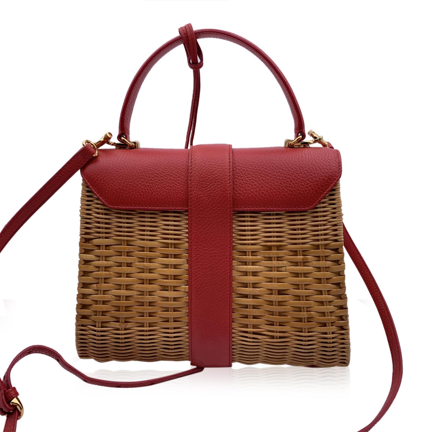 Mark Cross Wicker and Red Leather Satchel Handbag with Strap In Good Condition In Rome, Rome