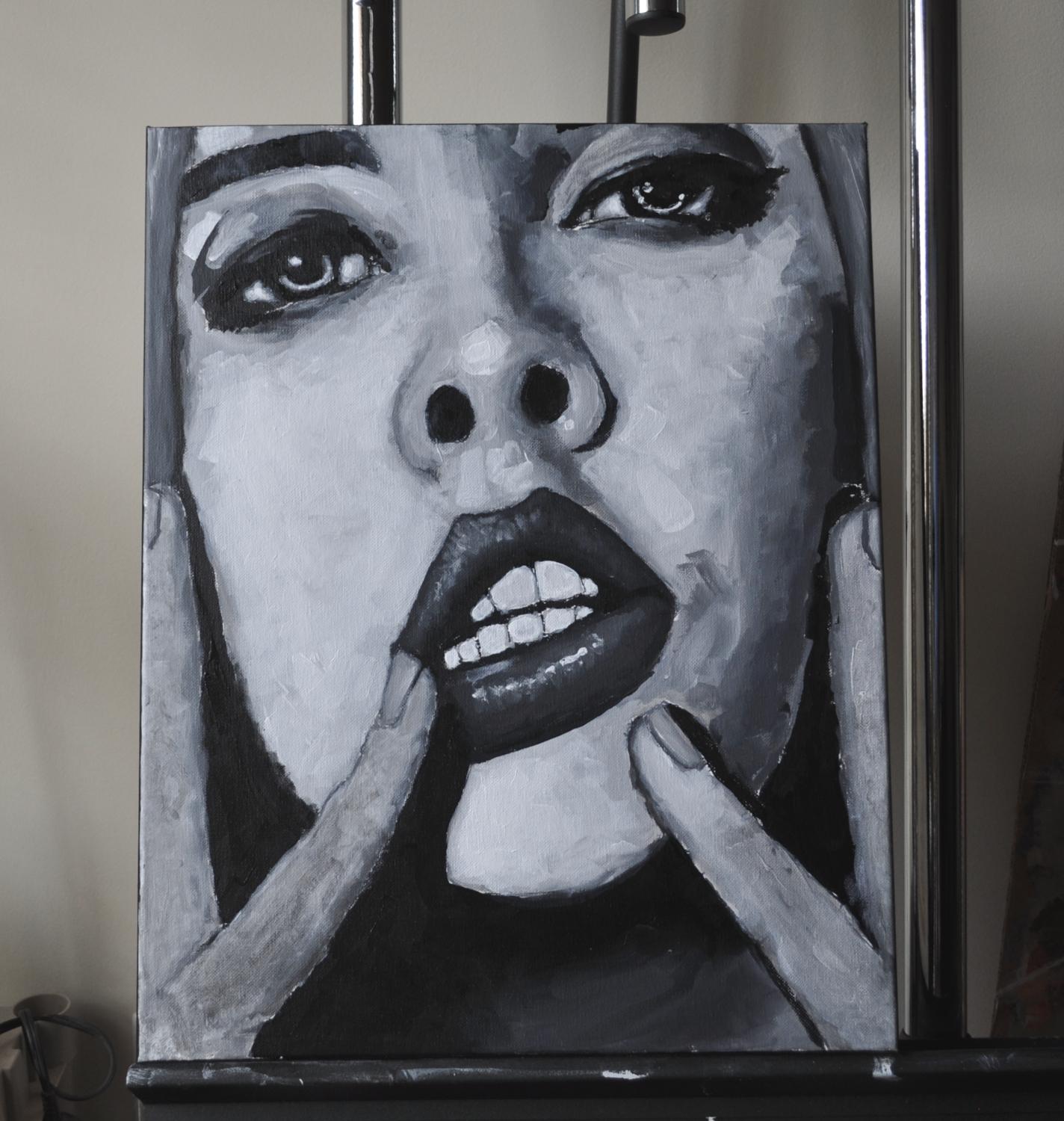 <p>Artist Comments<br>This black and white close-up of a young woman exudes a quiet, mysterious charm. Her fingers rest gently on her lips and chin, while her expressive eyes hint at an introspective mood. She appears to be someone navigating a