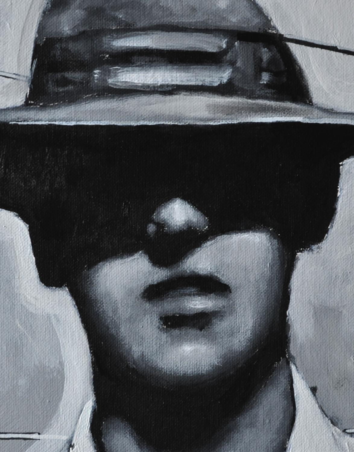Elle's Got Your Number, Mister (série 98-99), peinture originale - Gris Portrait Painting par Mark Cudd