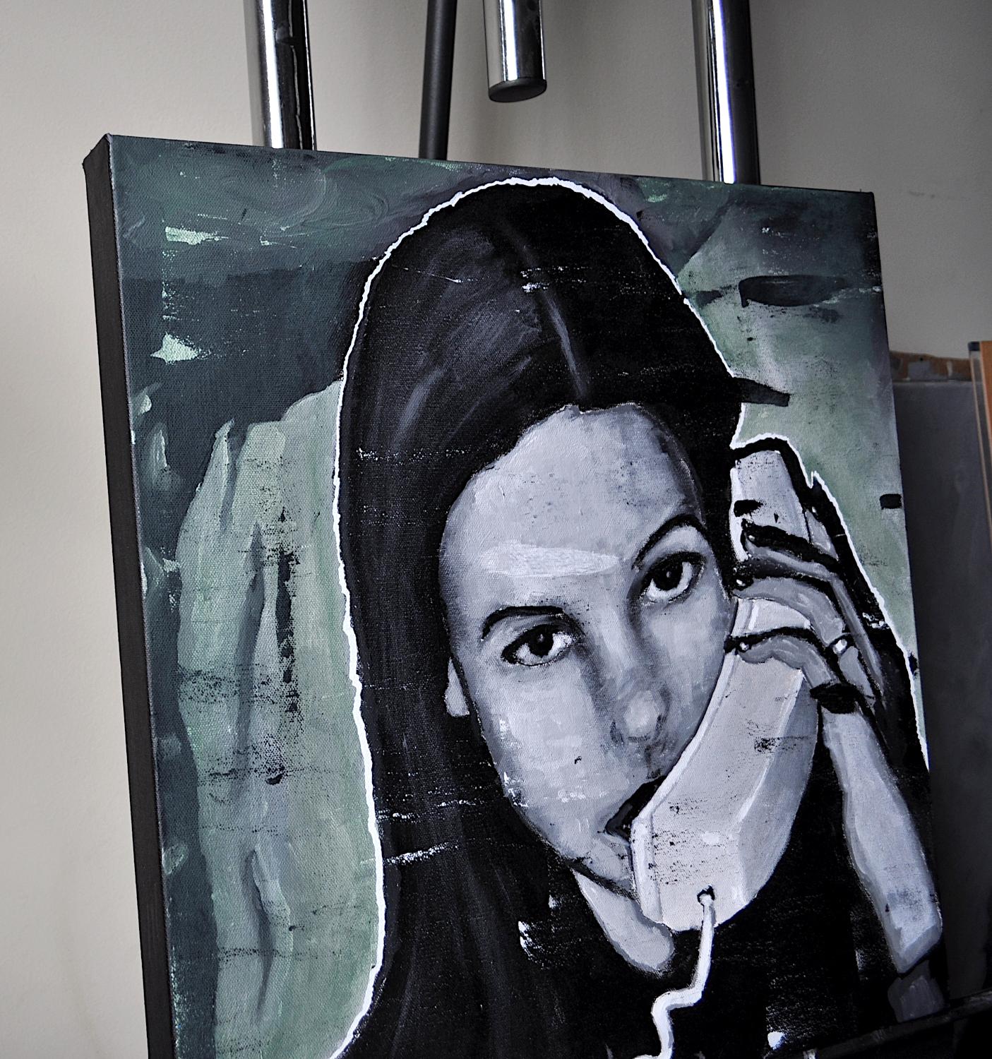 Der Telefonanruf und was sie sagte (Serie 98-99), Originalgemälde (Schwarz), Portrait Painting, von Mark Cudd