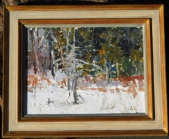 Mark Daily Escena impresionista de nieve con árboles.