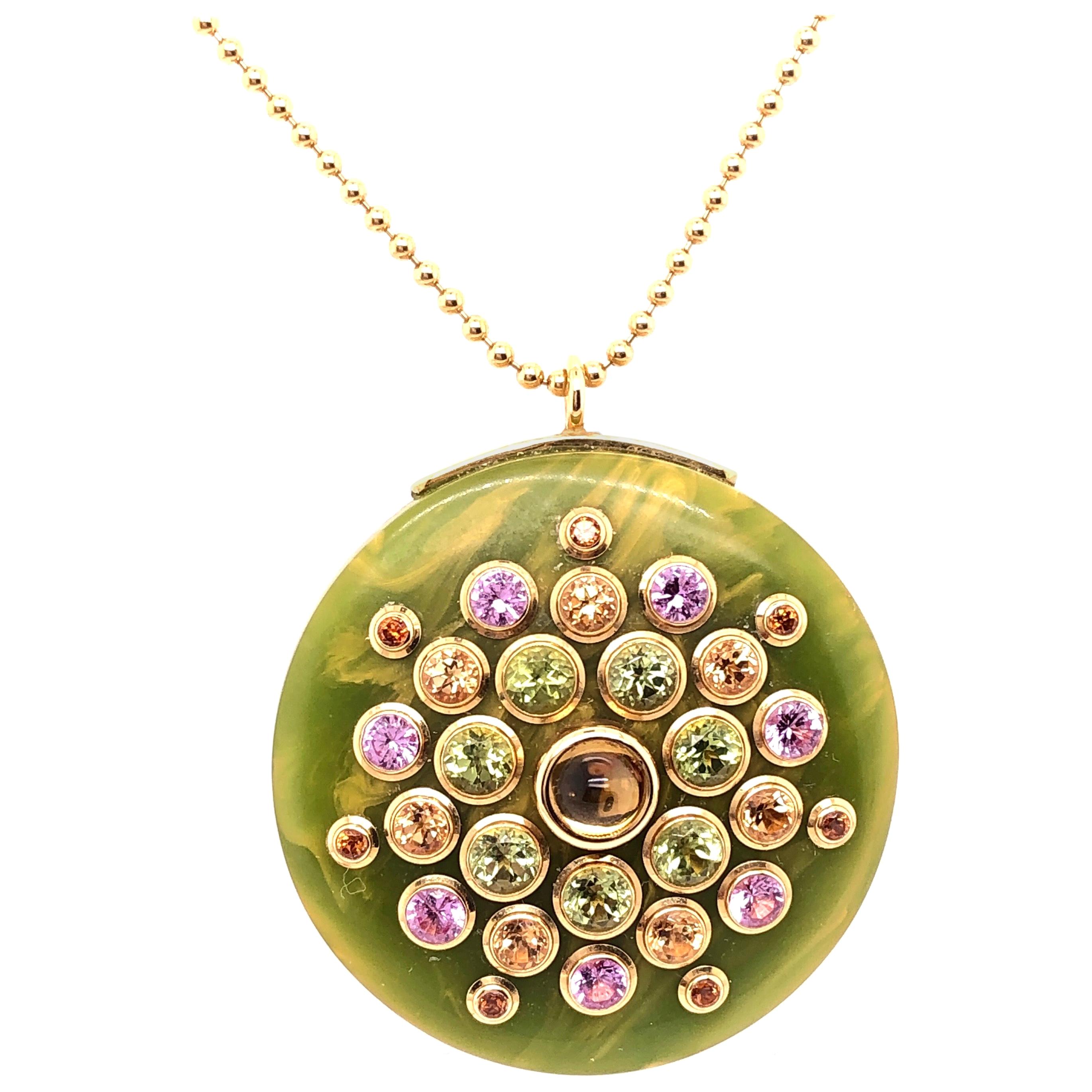 Mark Davis 18 Karat Yellow Gold Necklace with Jeweled Pendant For Sale