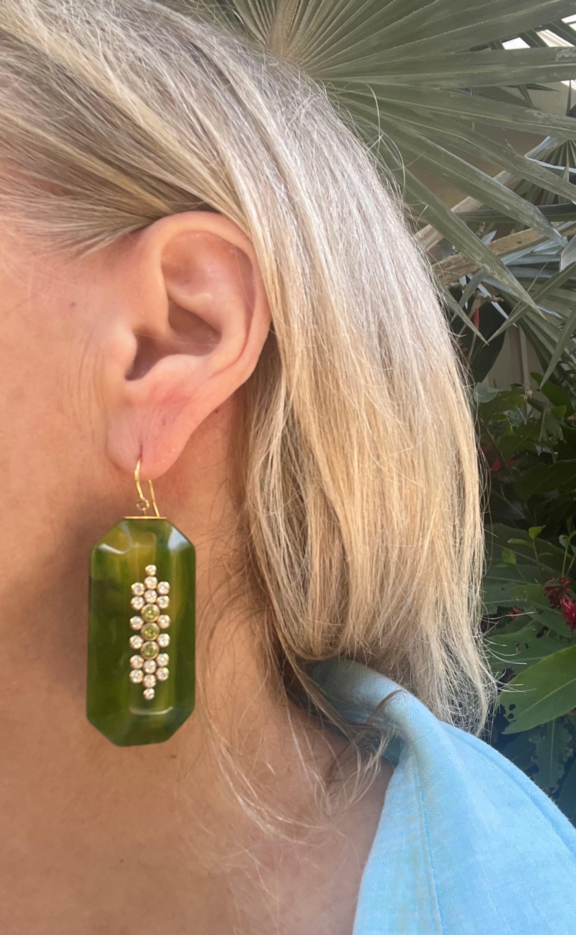 Round Cut Mark Davis 18k Gold Green Bakelite Diamond Peridot Earrings