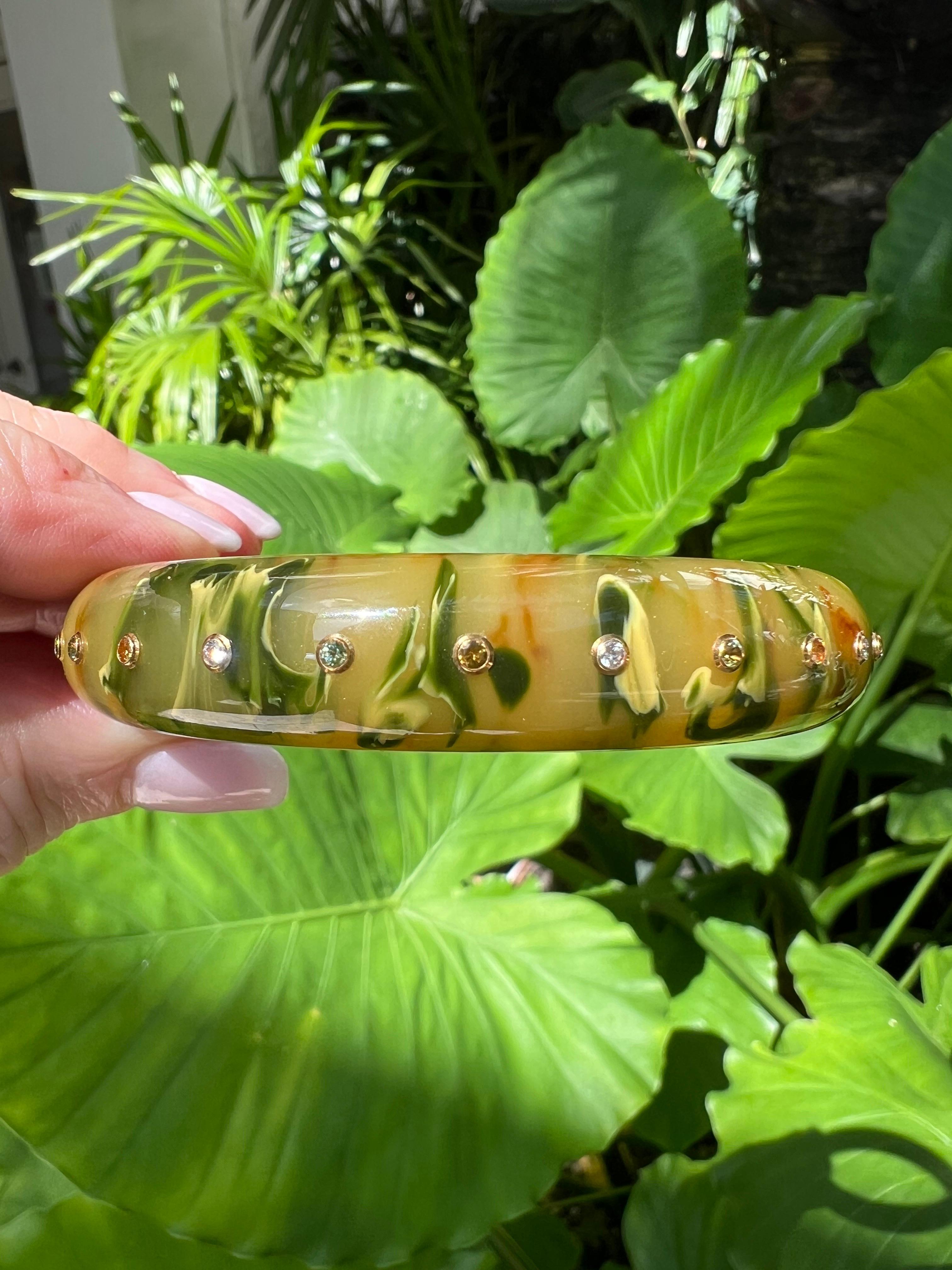 Modern Mark Davis 18k Gold Diamond Sapphire Peridot Green Bakelite Bangle