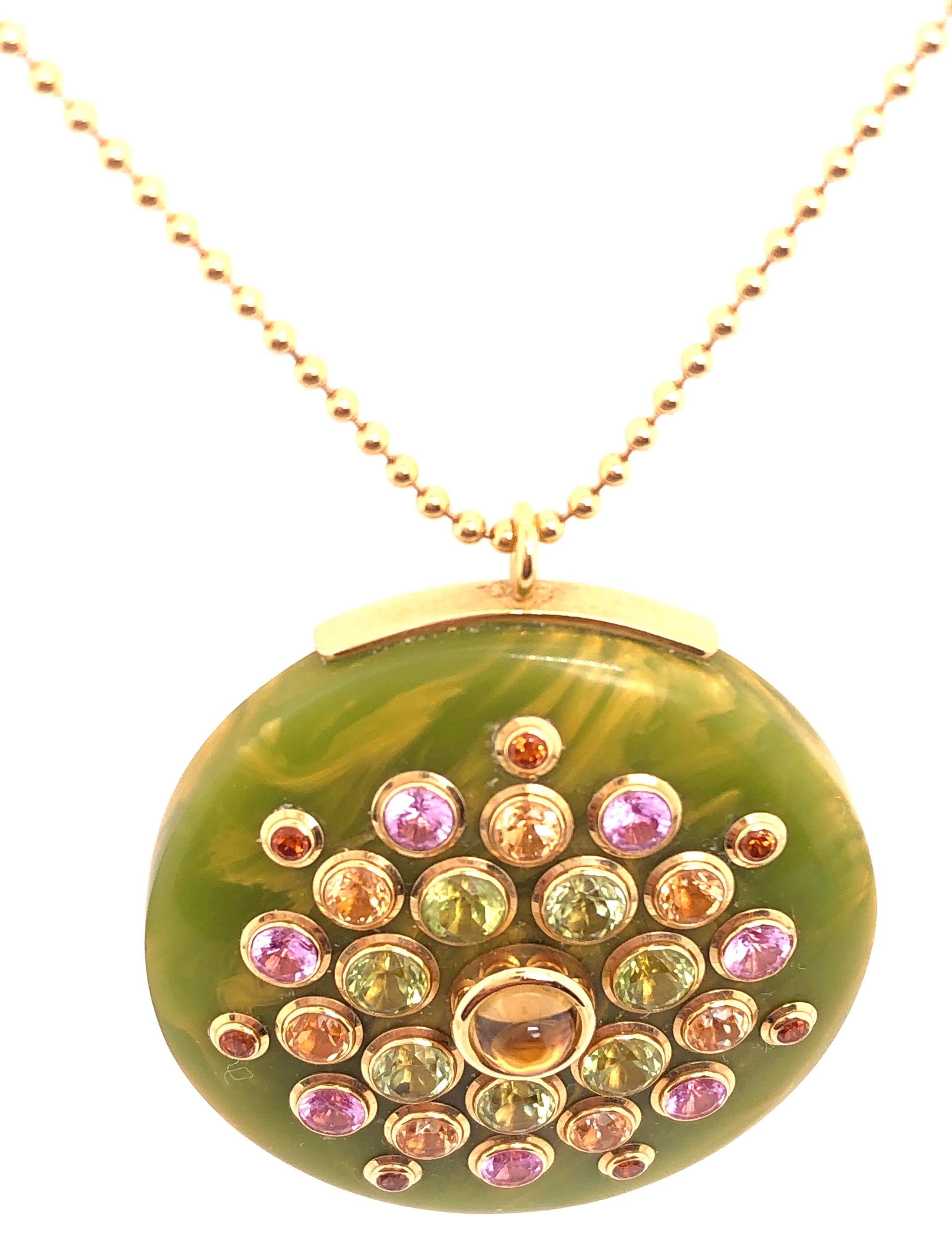 Modern Mark Davis 18 Karat Yellow Gold Necklace with Jeweled Pendant For Sale