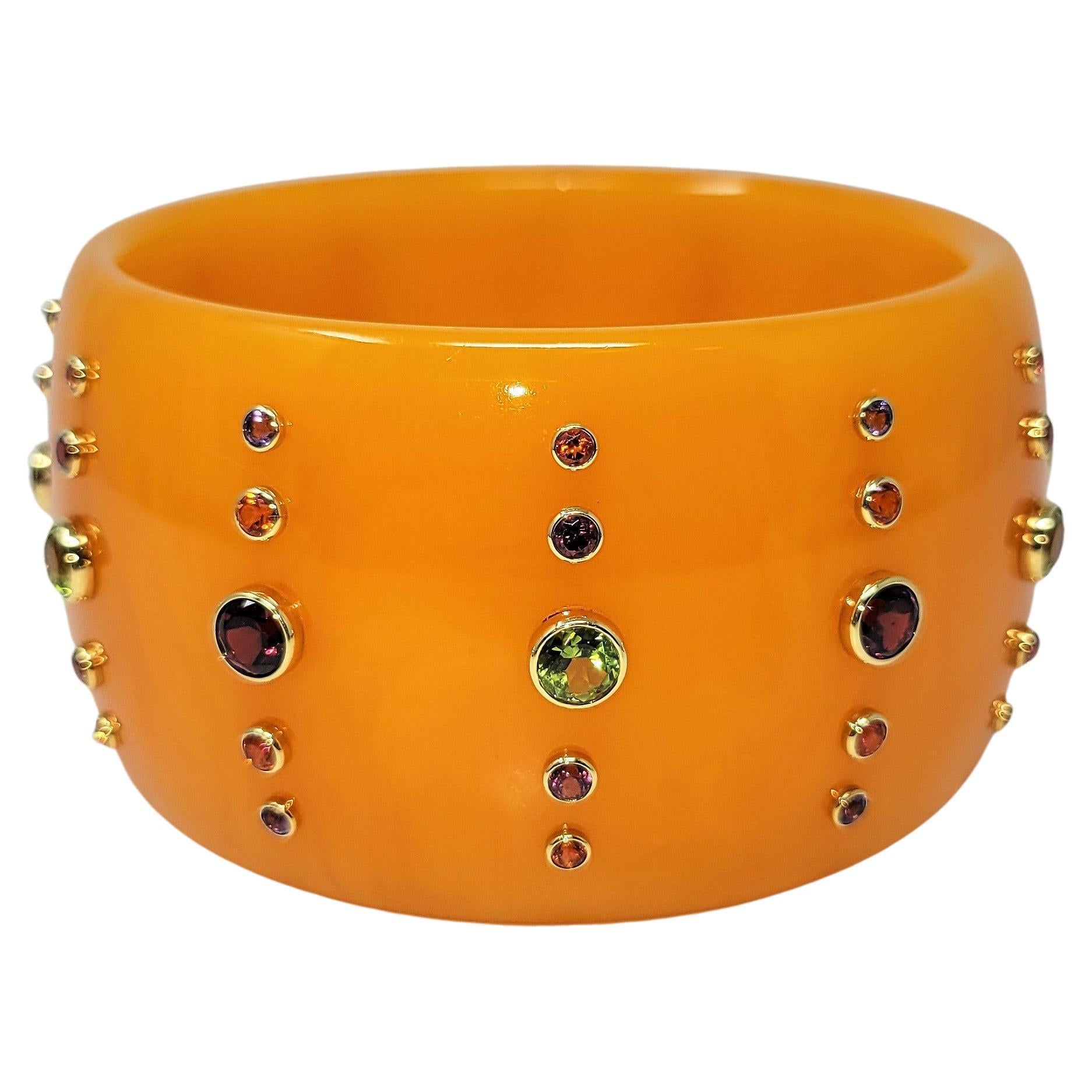 Mark Davis Marbled Yellow Bakelite Bracelet With Gemstones For Sale