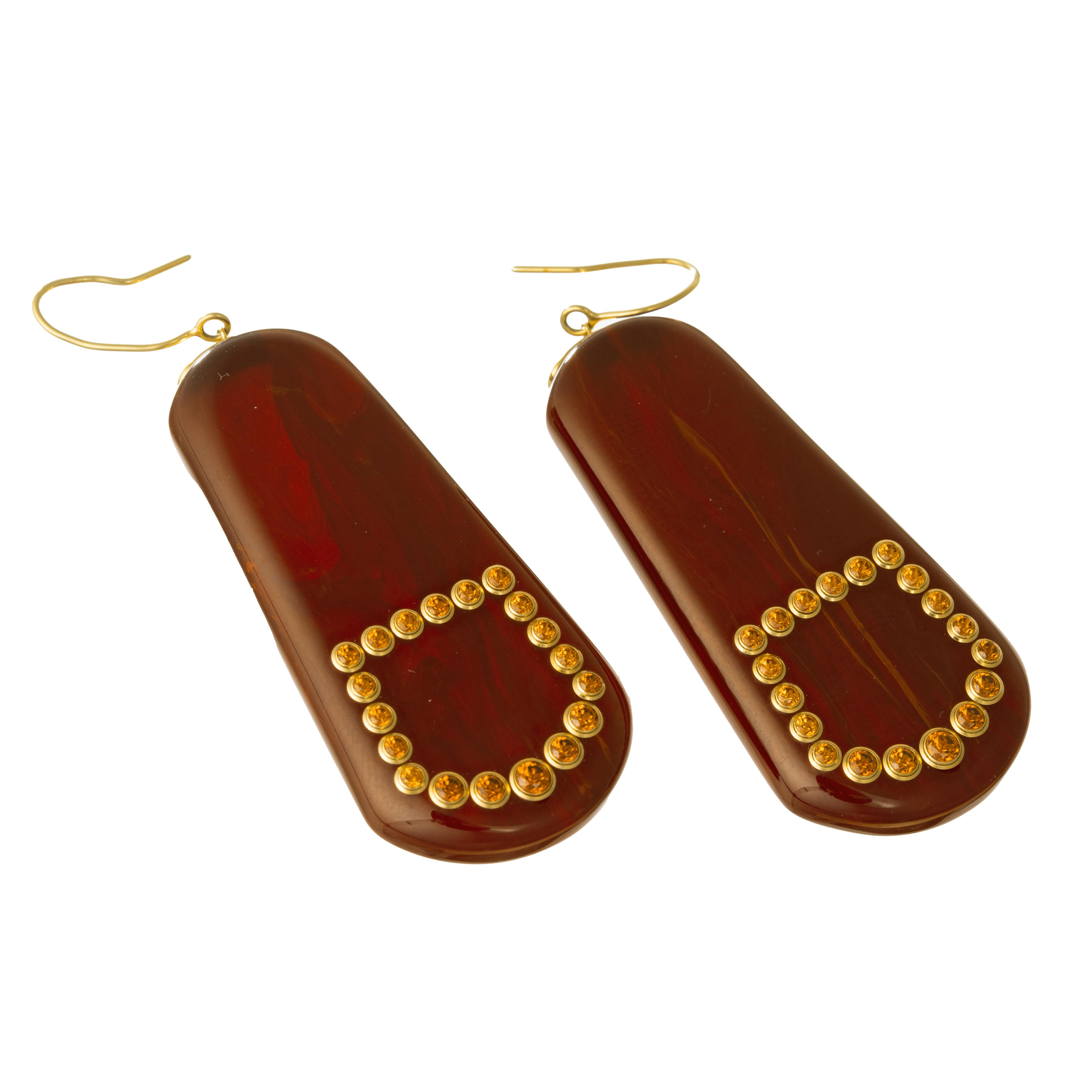 Mark Davis elongated, teardrop-shaped earrings, featuring vintage reddish-brown bakelite accented by orange garnets bezel-set in 18k yellow gold.  18k yellow gold French wires for pierced ears.  2.75