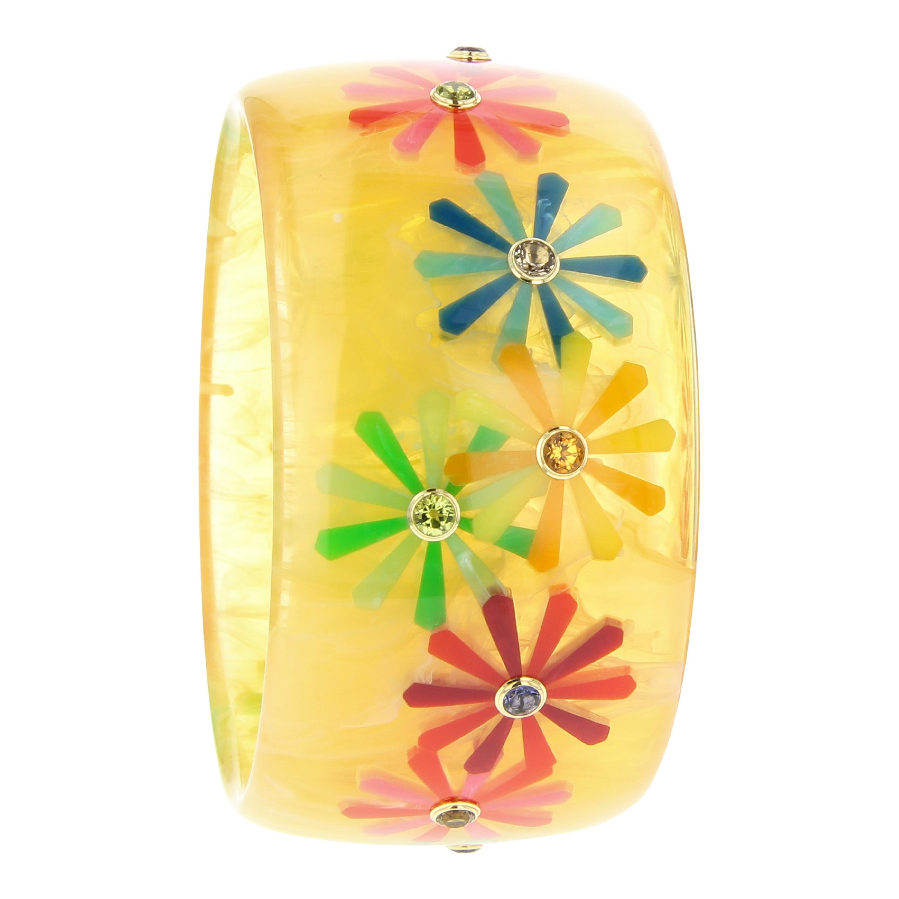 Round Cut Mark Davis Vintage Bakelite Bangle with Floral Inlay and Fine Gemstones in 18k For Sale