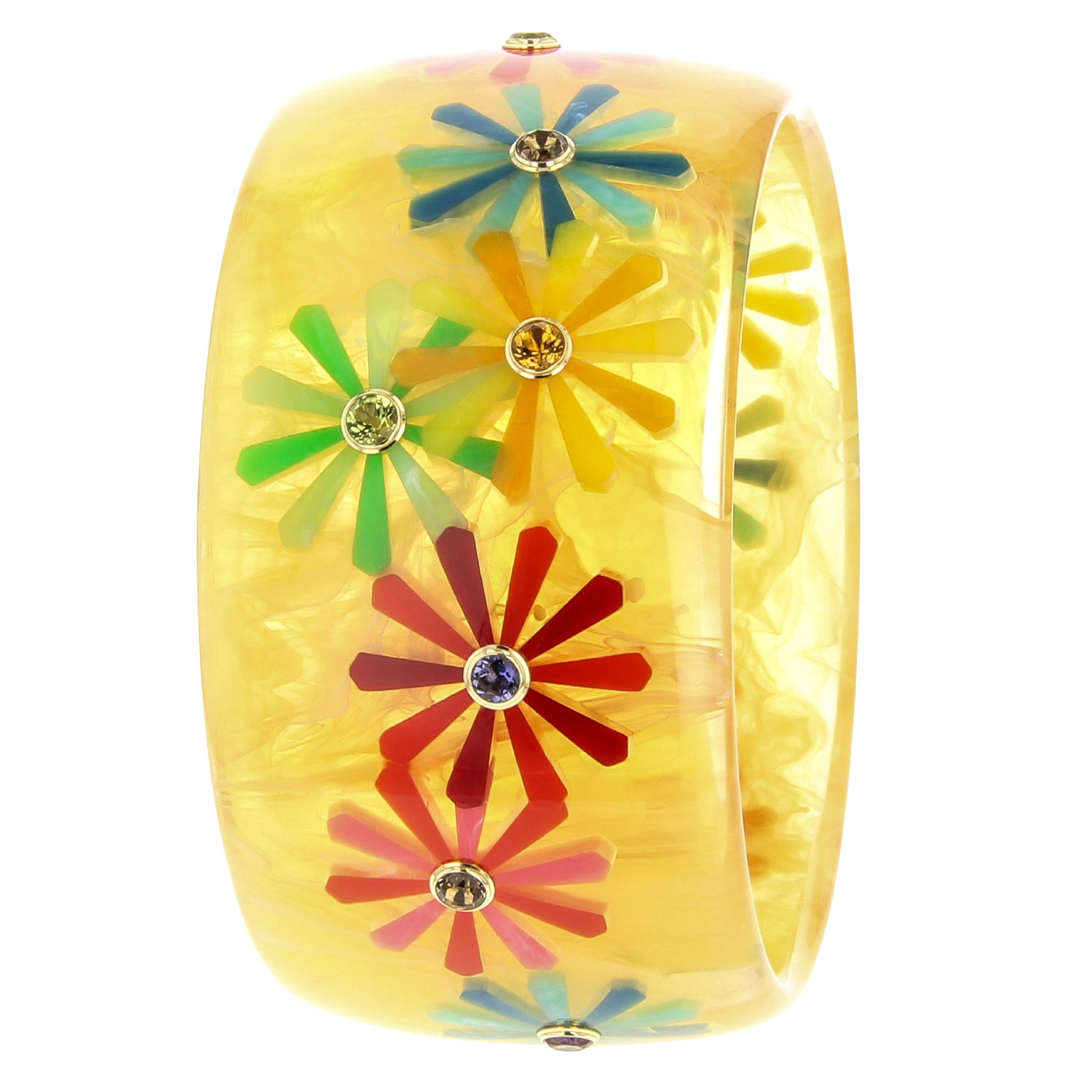 Mark Davis Vintage Bakelite Bangle with Floral Inlay and Fine Gemstones in 18k For Sale