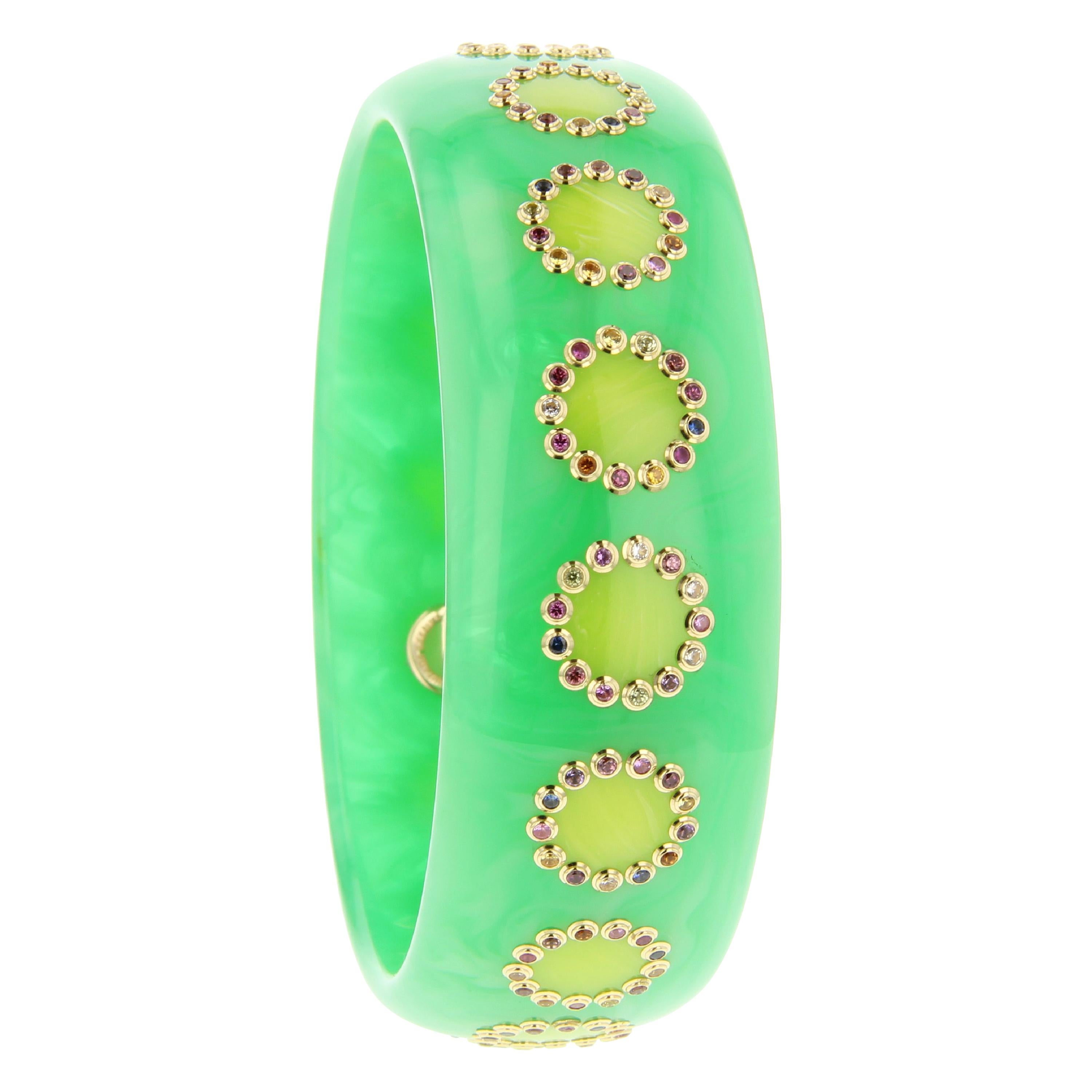 Mark Davis Vintage Bakelite Bangle with Inlay and Various Gemstones in 18k Gold For Sale