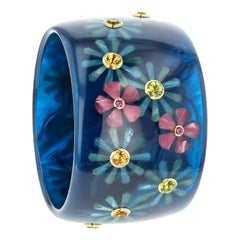 Mark Davis Vintage Navy Bakelite Bangle with Floral Inlay and Gemstones in 18k