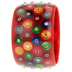 Mark Davis Vintage Red Bakelite Bangle with Inlaid Polka Dots and Various Gems