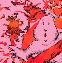 Peinture abstraite contemporaine « Ain't Afraid » représentant des Ghostbusters roses et rouges
