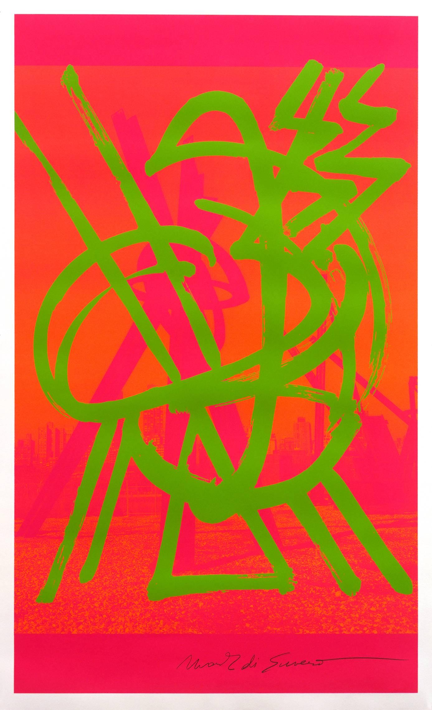 This screen print by Mark di Suvero pops with day-glo colors. Bright green lines on a hot pink and orange background make for a fun piece of art in any room. This print is signed and numbered by the artist. The print comes directly from the