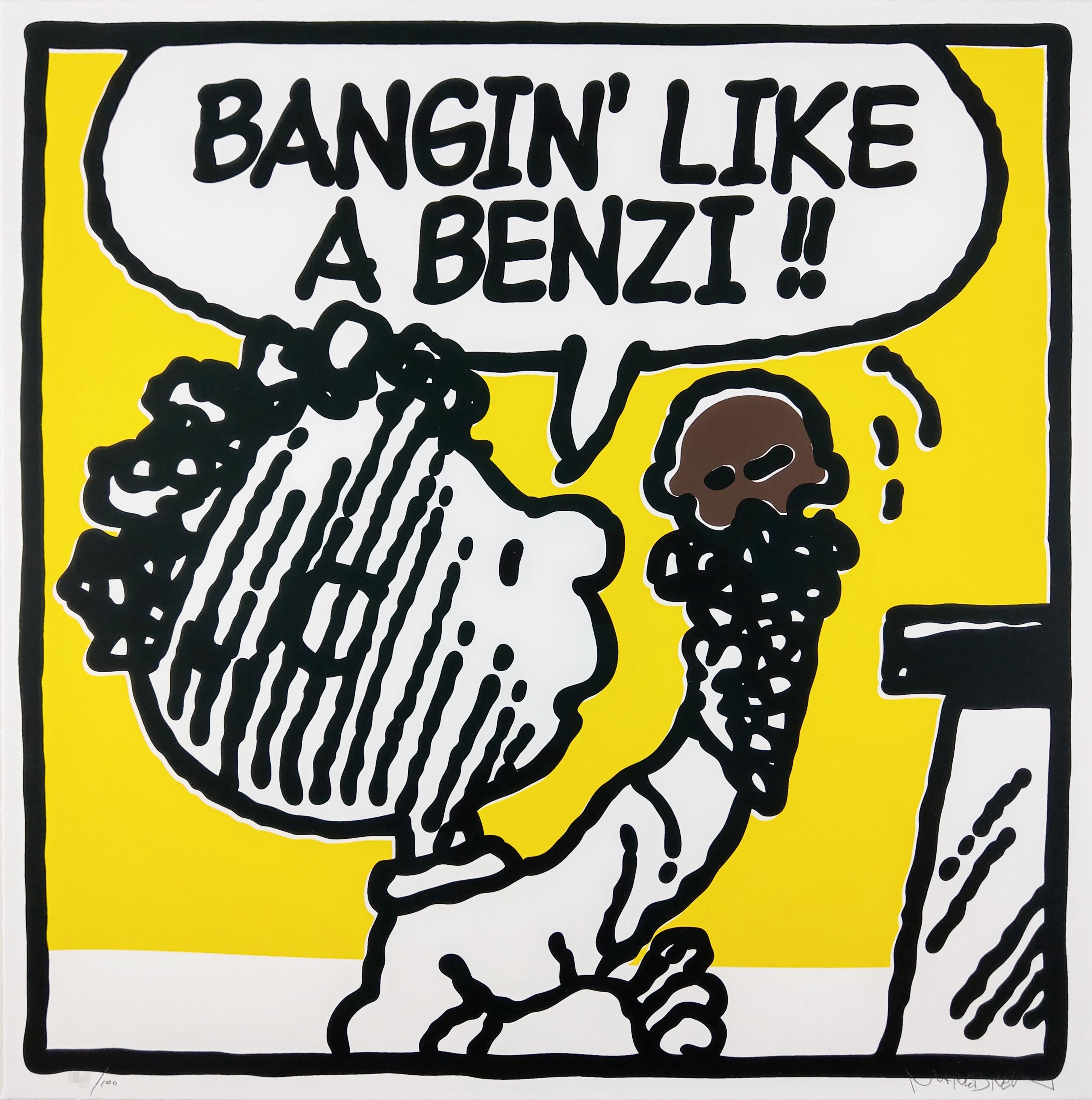 Benzi (Ghostface Killah) por Mark Drew. Impresión de 2018 de una edición de 100 ejemplares. Dimensiones de 18 pulg. x 18 pulg. Numerado y firmado a mano por Mark Drew.  

Mark Drew tiene un estilo único de incorporar letras de hip hop y rap a sus