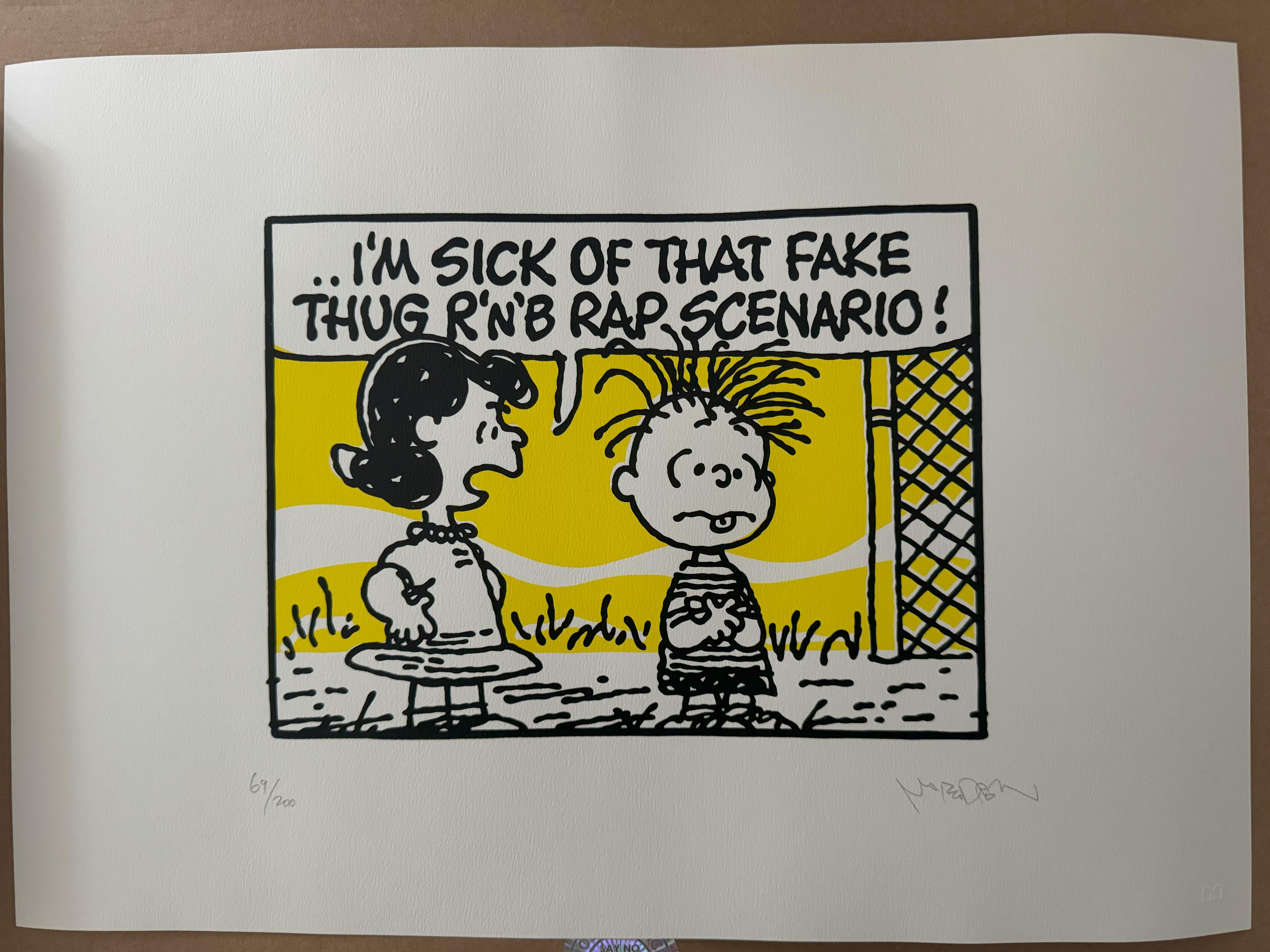 Fake Thug (Dead Prez / Yellow Variant) è un'opera di spicco del famoso artista Mark Drew. Questa stampa serigrafica tirata a mano, su carta di stock color crema con rilievo cieco, misura 11 7/10 × 16 9/10 pollici (29,7 × 43 cm). 

Mark Drew, noto