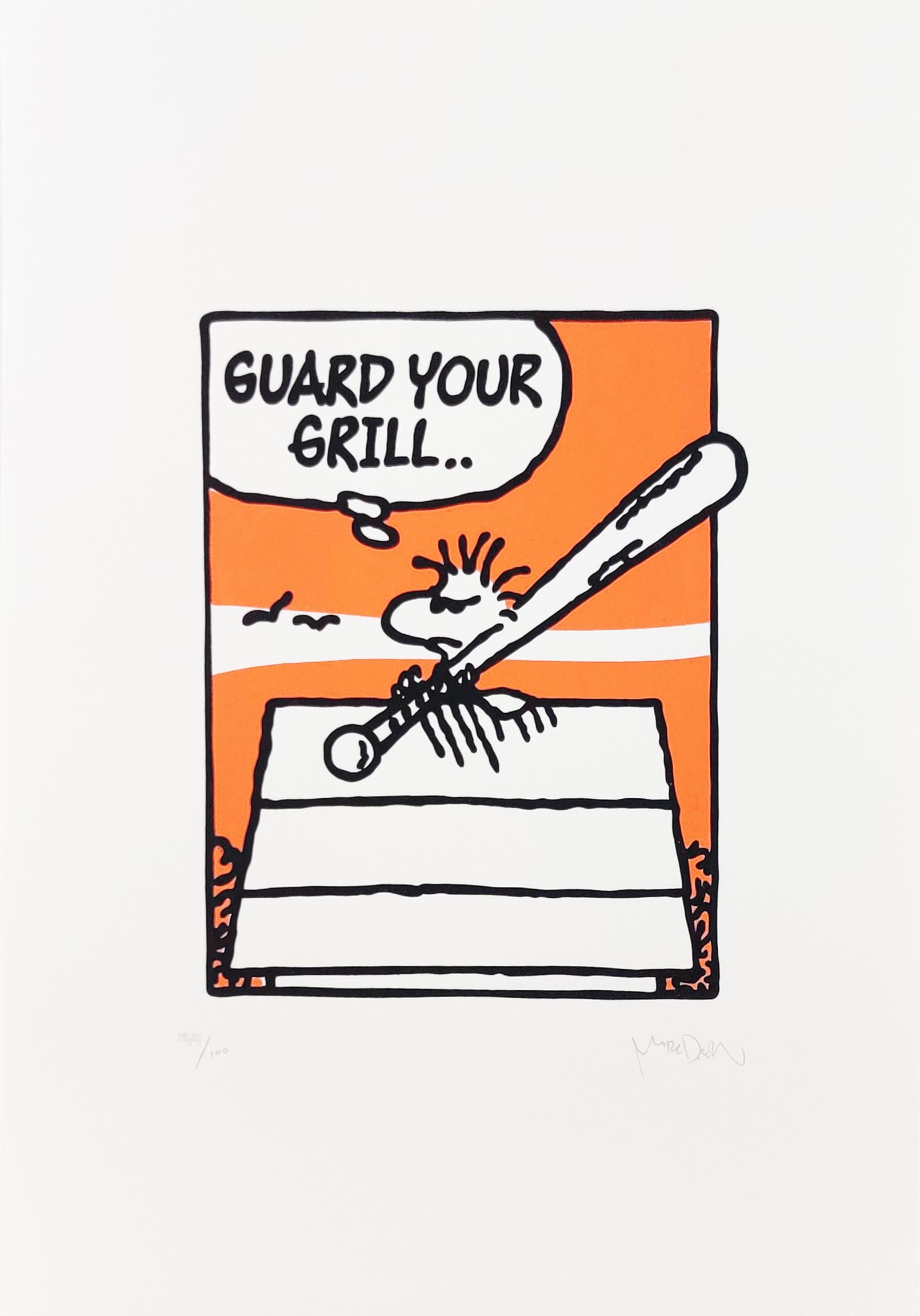 Guard Your Grill (Naughty by Nature) Orange di Mark Drew. Stampa del 2018 da un'edizione di 100 esemplari. Dimensioni di 16,5in x  11,7 pollici. Numerato e firmato a mano da Mark Drew.  

Mark Drew ha uno stile unico che incorpora testi hip hop e