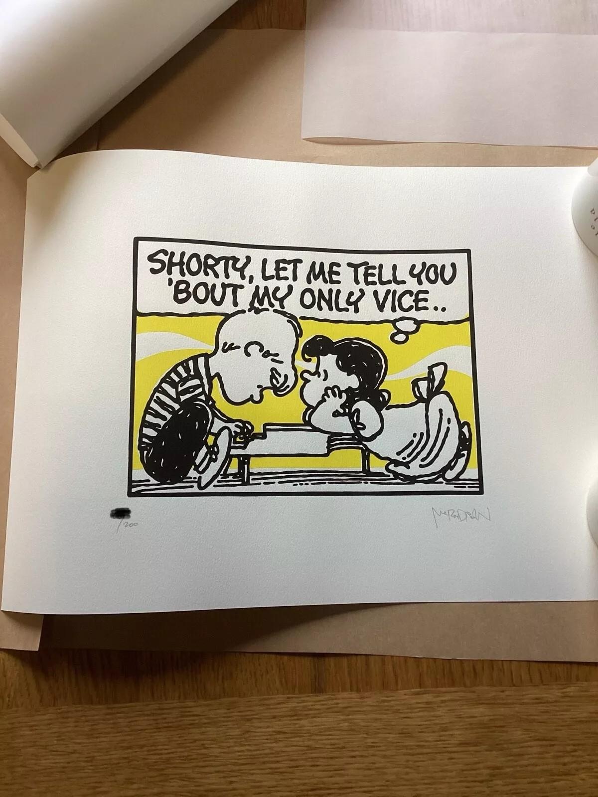 "Only Vice (Q-TIP / ATCQ)" by Mark Drew is a limited edition serigraph that merges iconic hip-hop culture with pop art sensibilities. This piece features a famous lyric from A Tribe Called Quest's Q-Tip, superimposed on the classic comic strip style