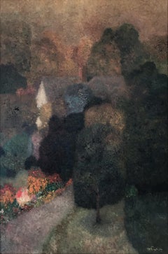 "Hideaway #2" American Impressionistic Oil on Board Painting of Home & Garden